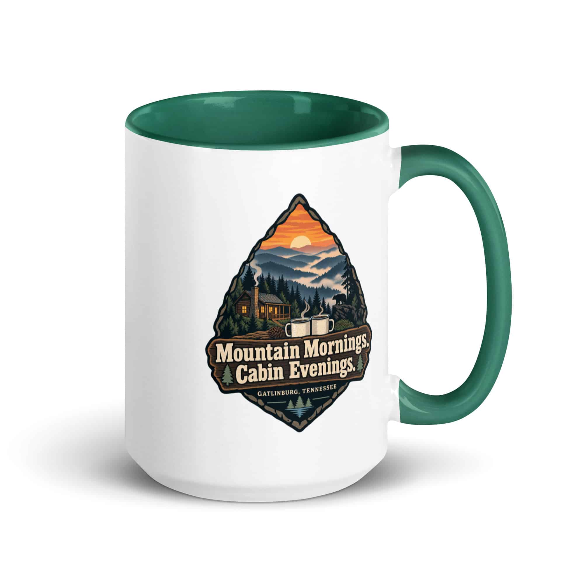 Gatlinburg and the Smokies Color Inside Coffee Mug: Mountain Mornings. Cabin Evenings, Scenic Shield Badge