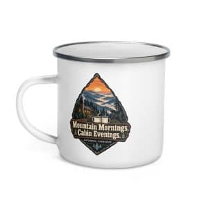 Gatlinburg and the Smokies Enamel Camp Mug: Mountain Mornings. Cabin Evenings, Scenic Shield Badge - 12 oz - Left