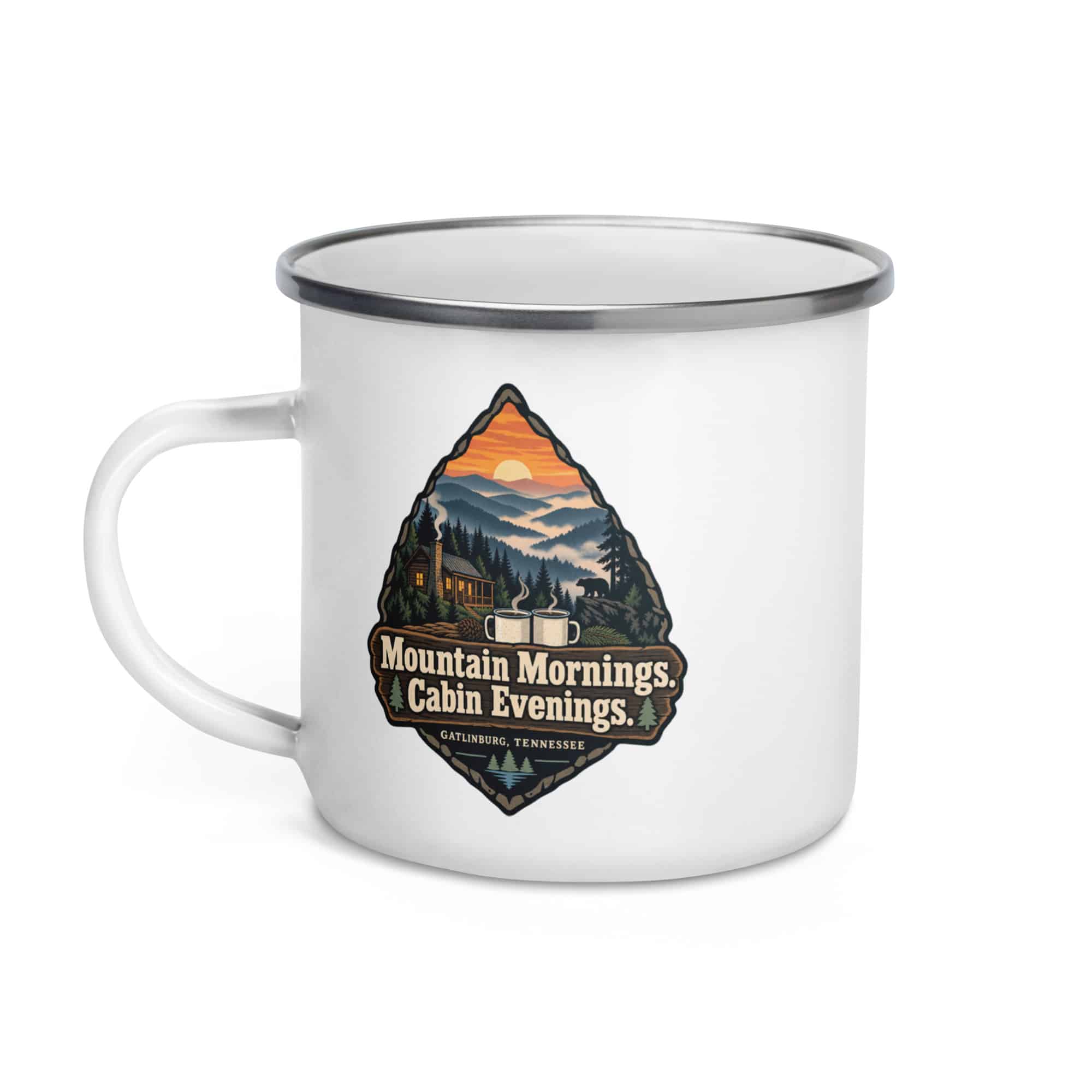 Gatlinburg and the Smokies Enamel Camp Mug: Mountain Mornings. Cabin Evenings, Scenic Shield Badge