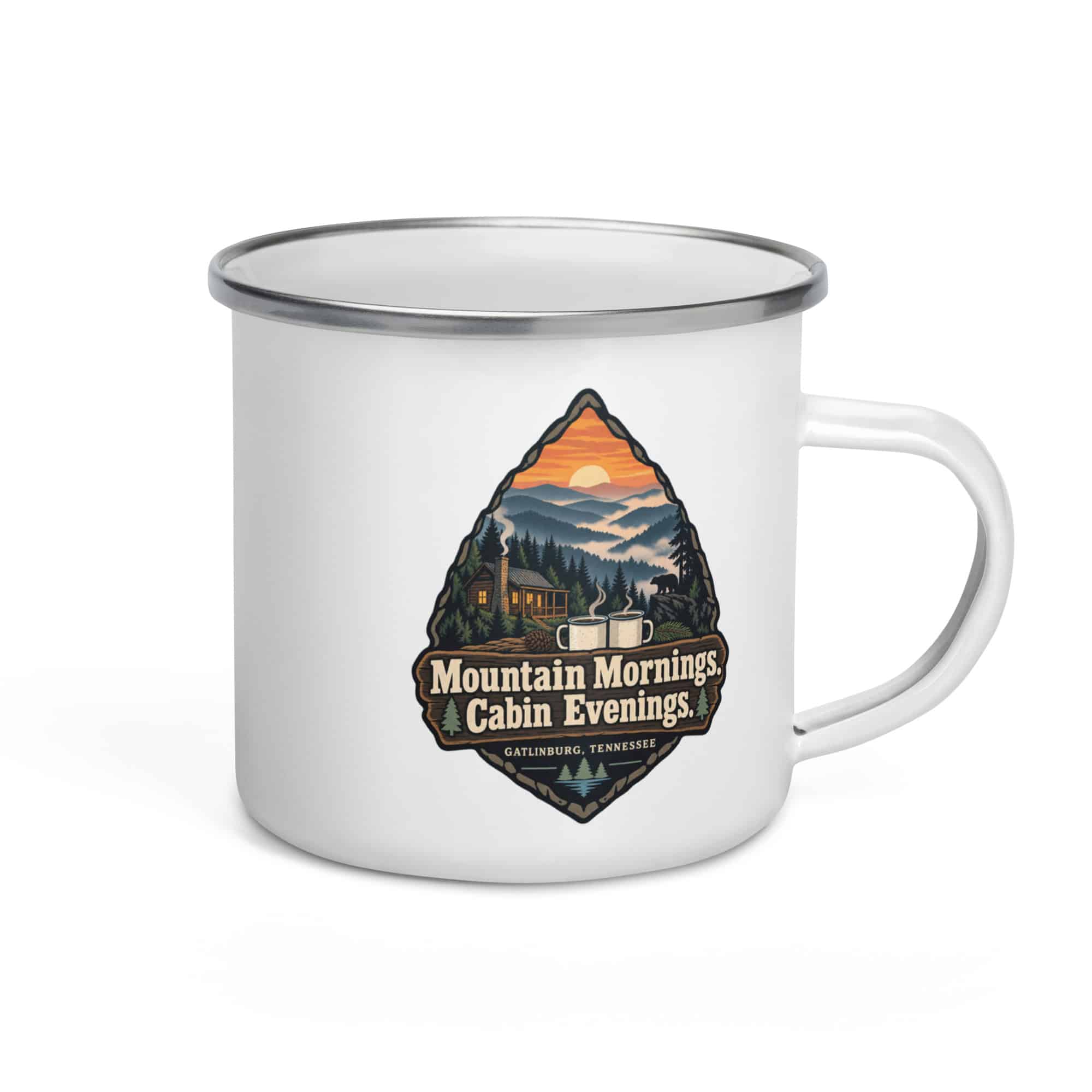 Gatlinburg and the Smokies Enamel Camp Mug: Mountain Mornings. Cabin Evenings, Scenic Shield Badge