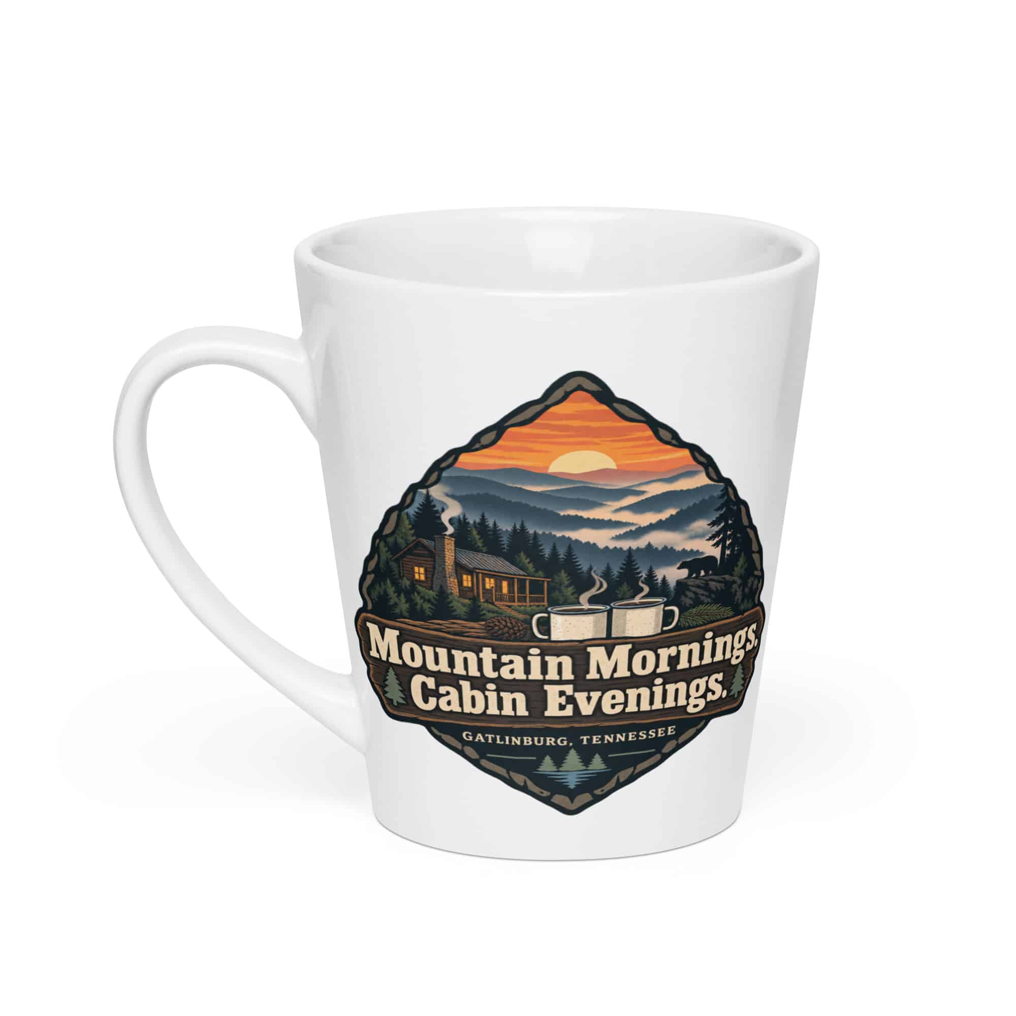 Gatlinburg and the Smokies Latte Mug: Mountain Mornings. Cabin Evenings, Scenic Shield Badge