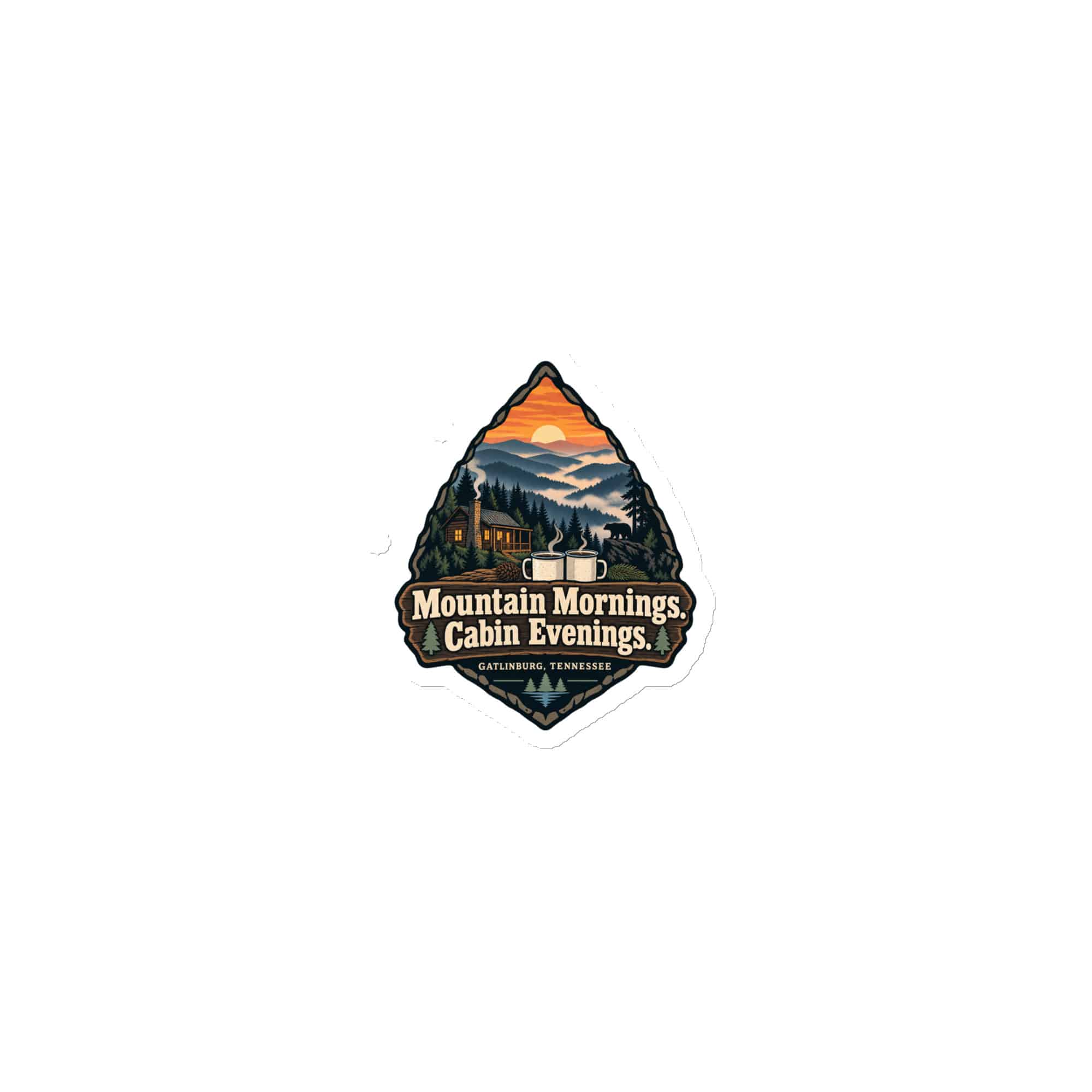 Gatlinburg and the Smokies Die-Cut Magnet: Mountain Mornings. Cabin Evenings, Scenic Shield Badge