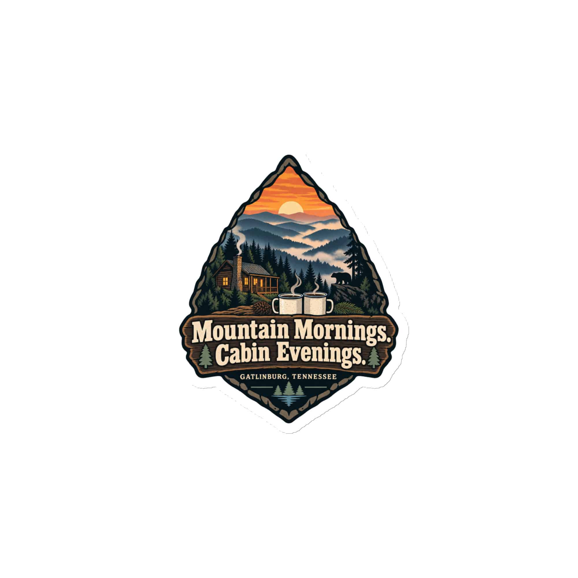 Gatlinburg and the Smokies Die-Cut Magnet: Mountain Mornings. Cabin Evenings, Scenic Shield Badge