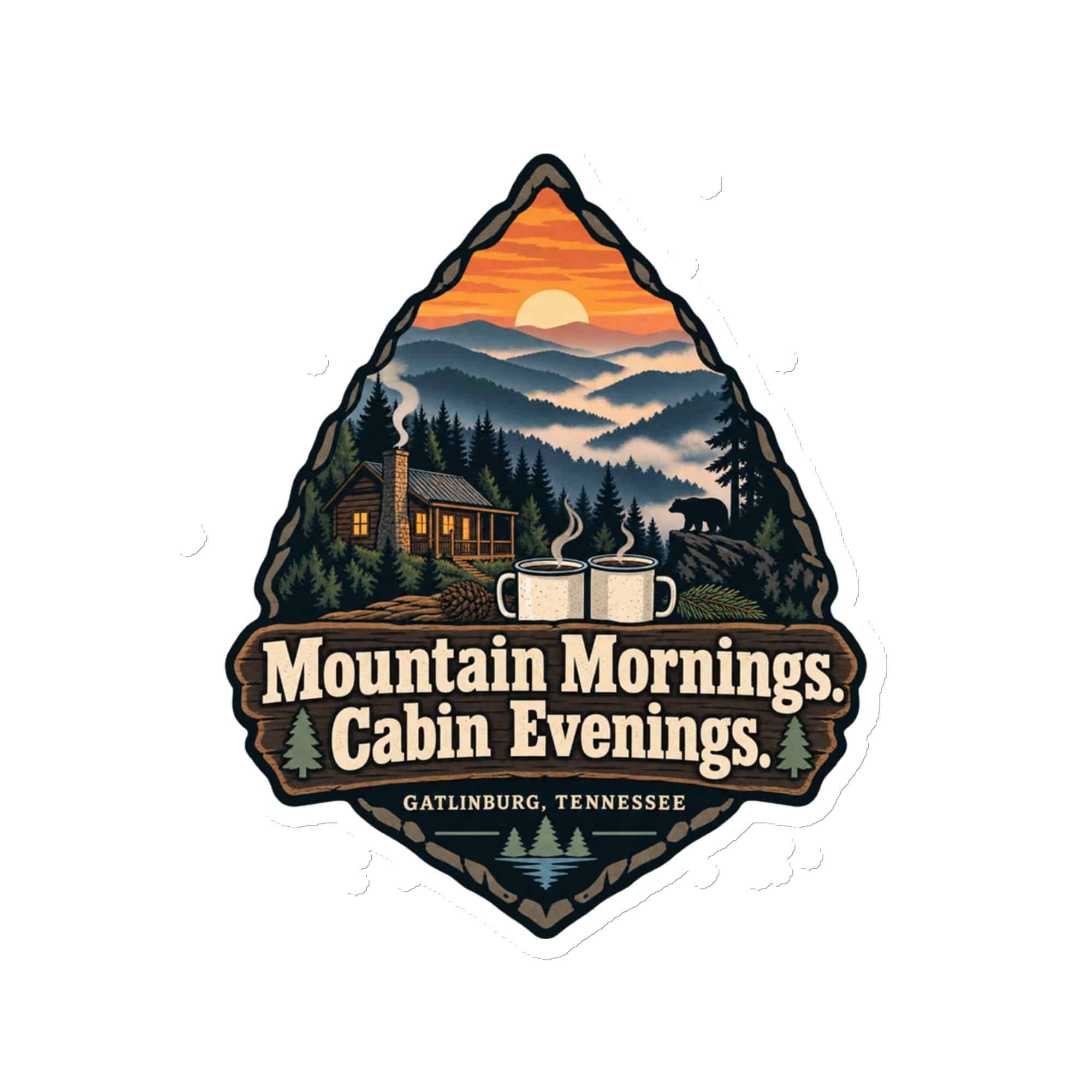 Gatlinburg and the Smokies Die-Cut Magnet: Mountain Mornings. Cabin Evenings, Scenic Shield Badge