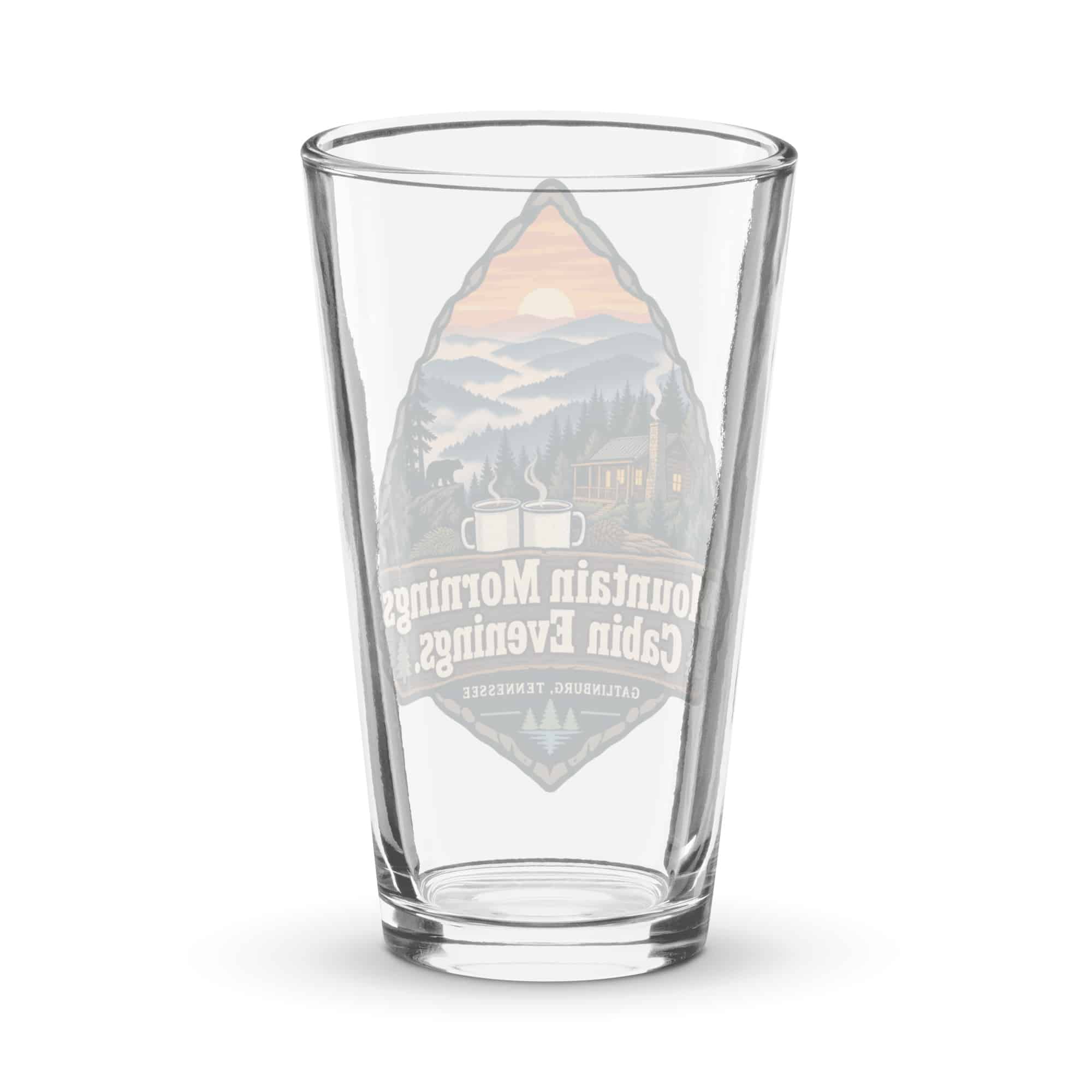 Gatlinburg and the Smokies Pint Glass: Mountain Mornings. Cabin Evenings, Scenic Shield Badge
