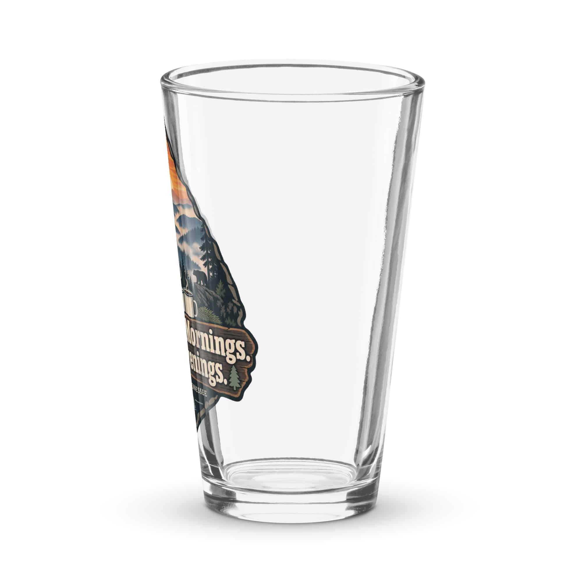 Gatlinburg and the Smokies Pint Glass: Mountain Mornings. Cabin Evenings, Scenic Shield Badge