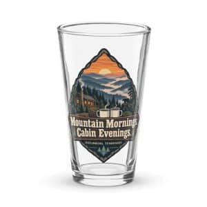 Gatlinburg and the Smokies Pint Glass: Mountain Mornings. Cabin Evenings, Scenic Shield Badge - 16 oz - Main