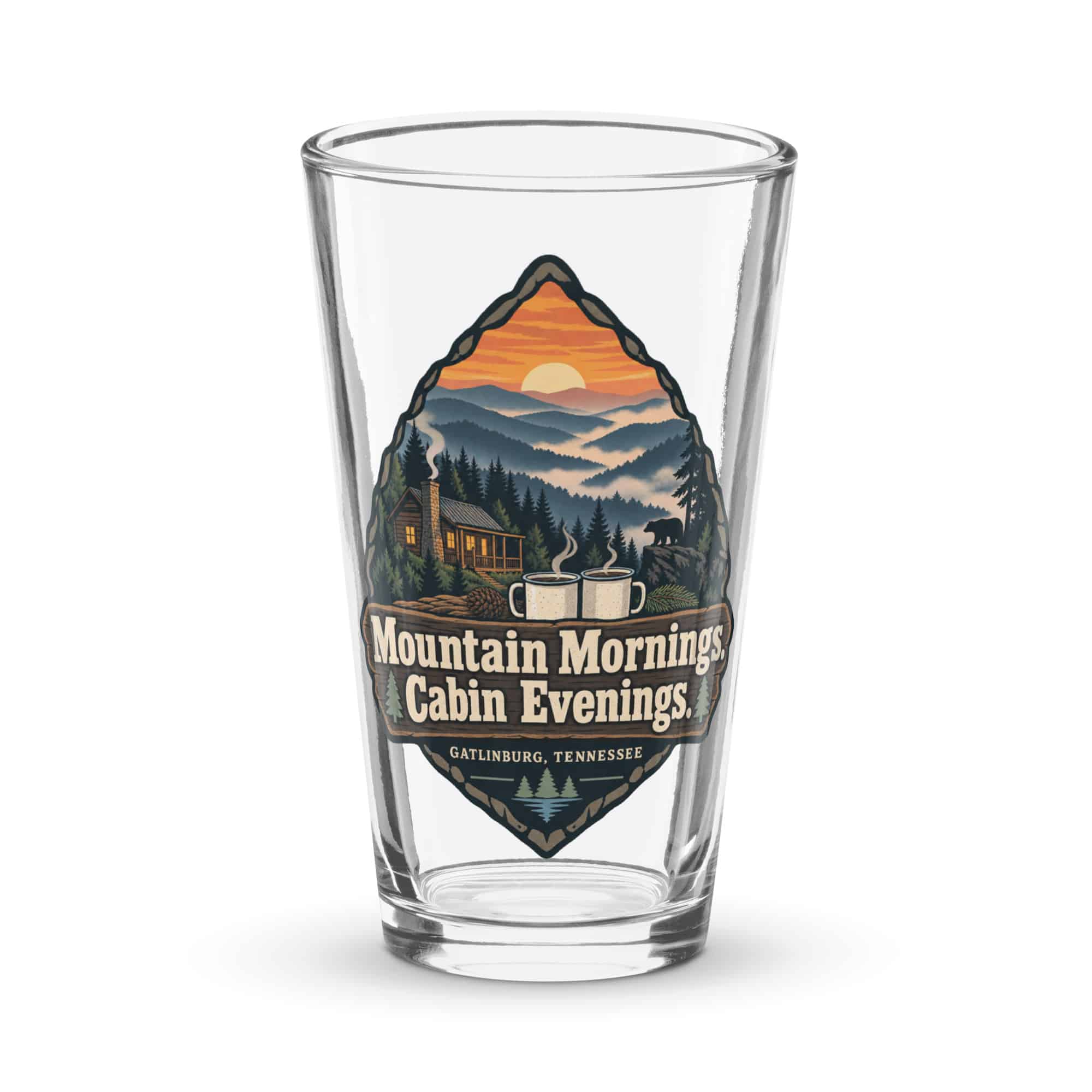 Gatlinburg and the Smokies Pint Glass: Mountain Mornings. Cabin Evenings, Scenic Shield Badge
