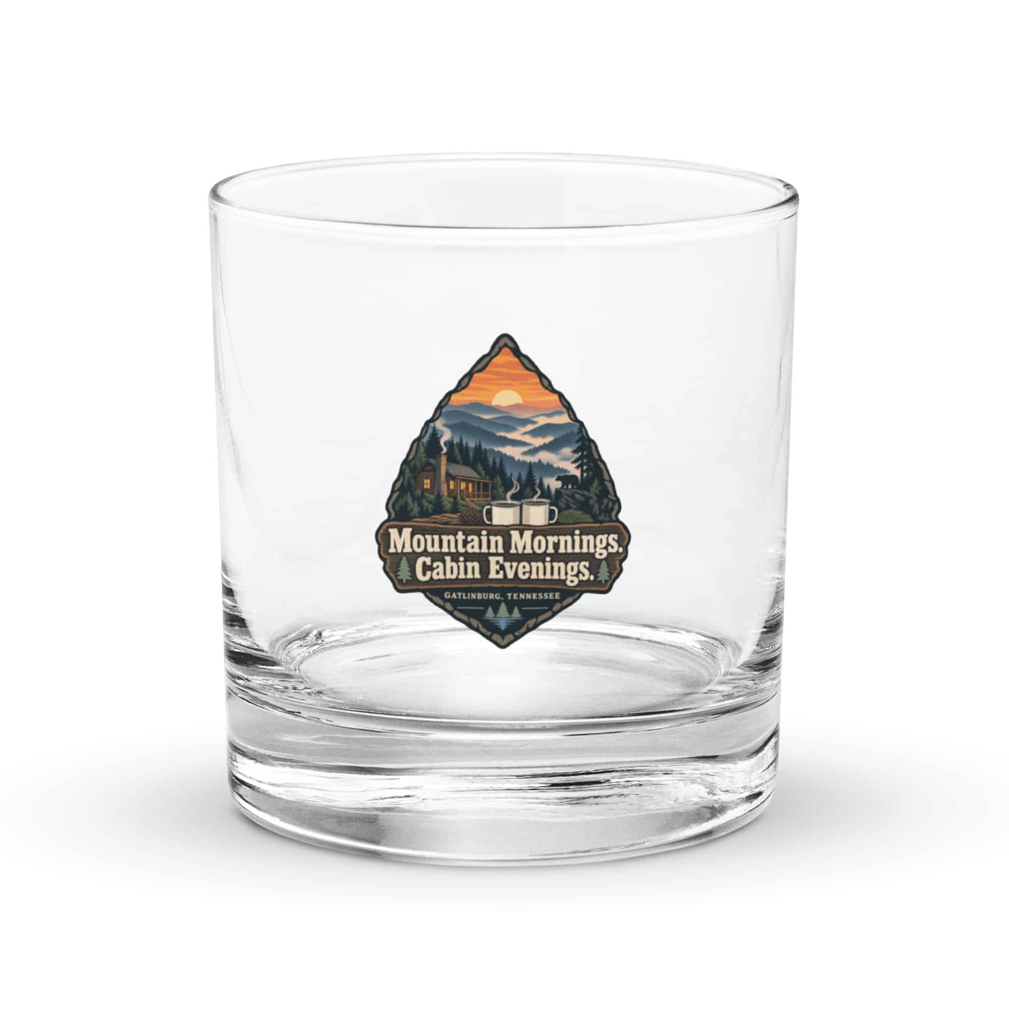 Gatlinburg and the Smokies Rocks Glass: Mountain Mornings. Cabin Evenings, Scenic Shield Badge