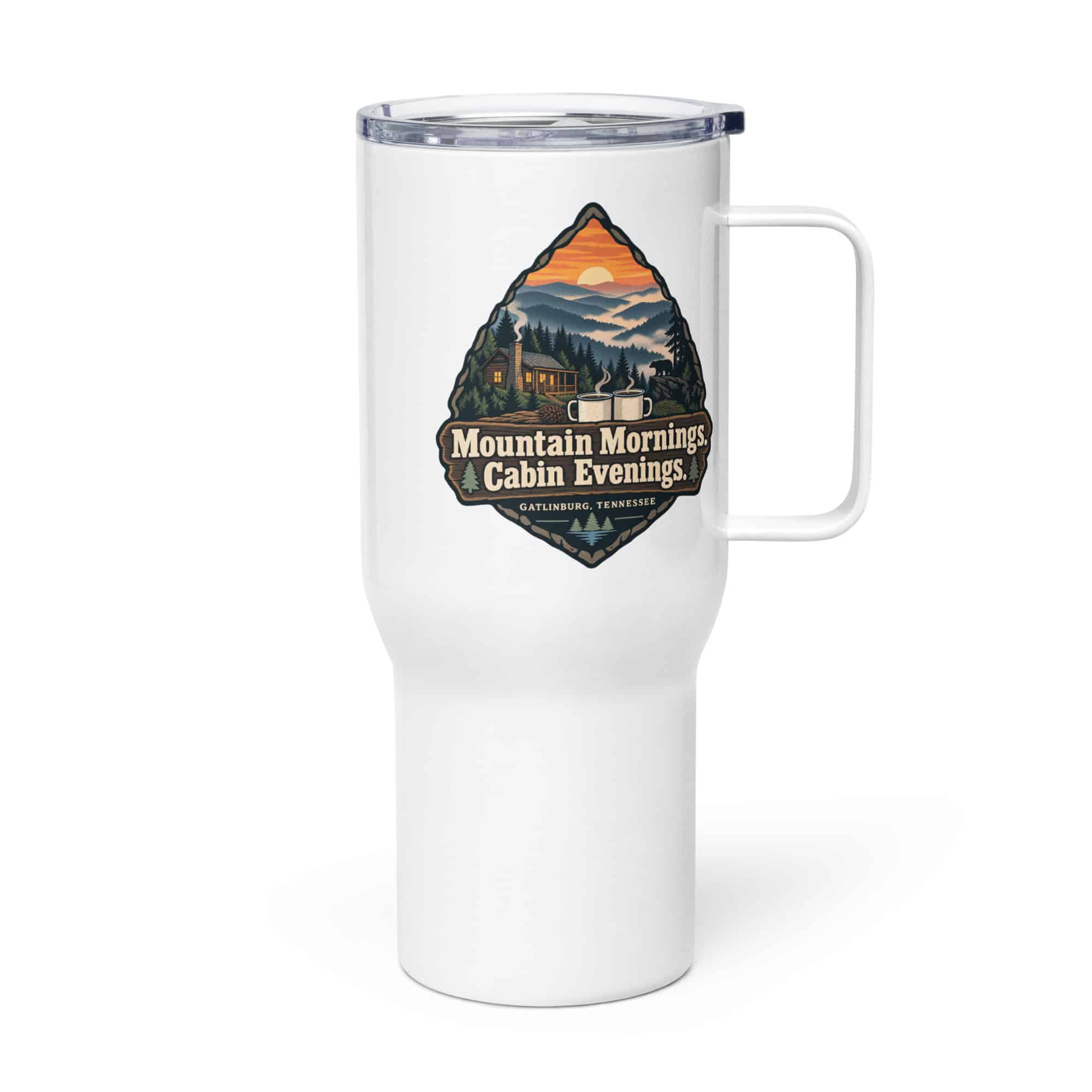 Gatlinburg and the Smokies Travel Mug: Mountain Mornings. Cabin Evenings, Scenic Shield Badge