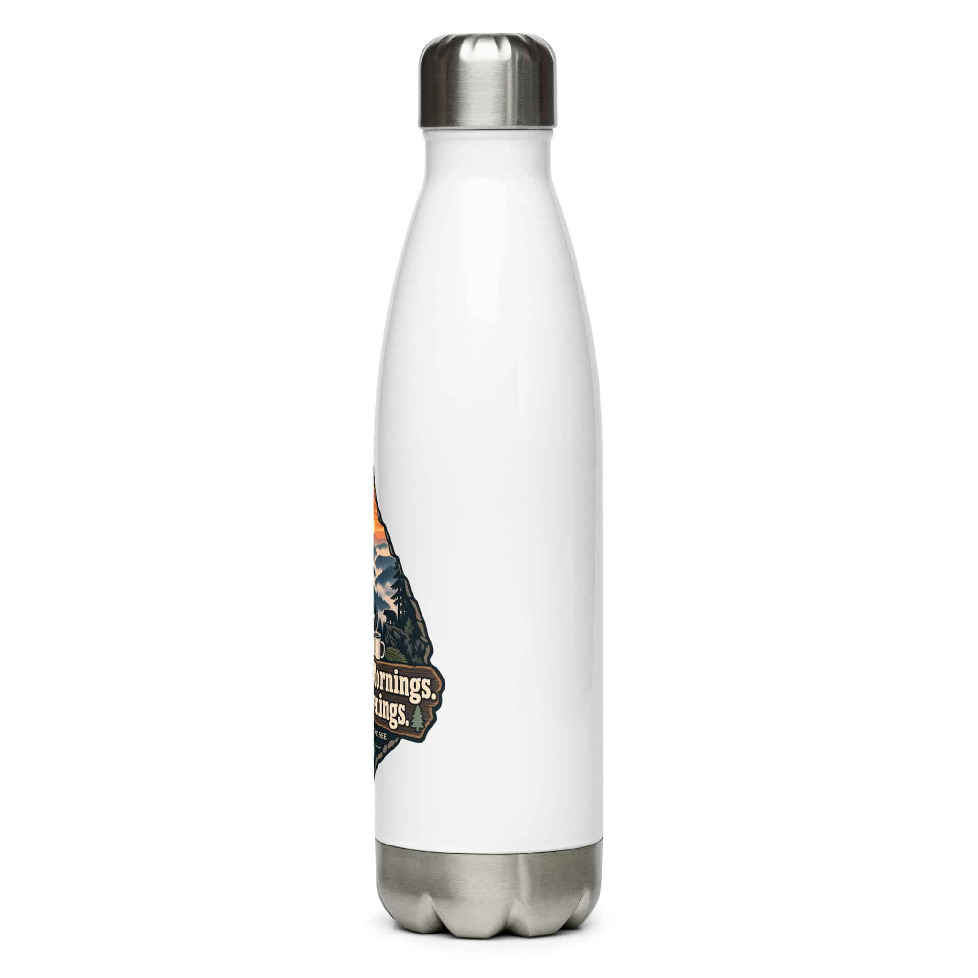 Gatlinburg and the Smokies Stainless Steel Water Bottle: Mountain Mornings. Cabin Evenings, Scenic Shield Badge
