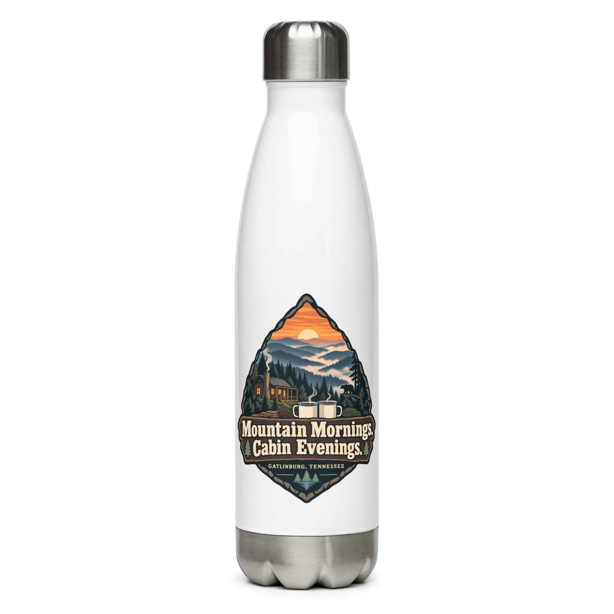 Gatlinburg and the Smokies Stainless Steel Water Bottle: Mountain Mornings. Cabin Evenings, Scenic Shield Badge
