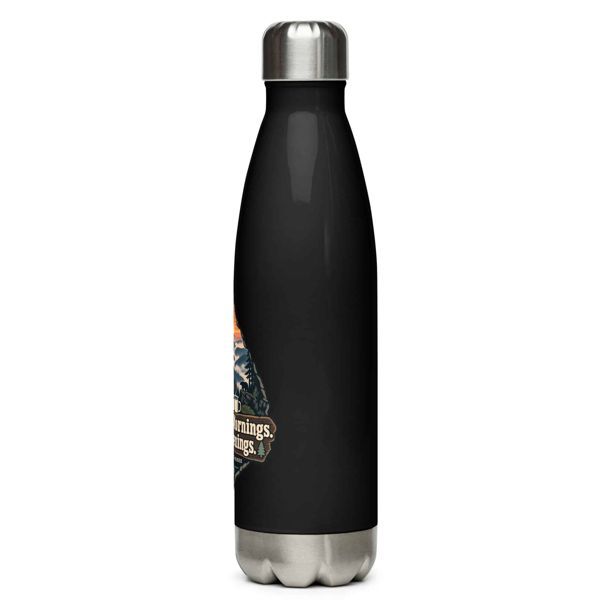 Gatlinburg and the Smokies Stainless Steel Water Bottle: Mountain Mornings. Cabin Evenings, Scenic Shield Badge