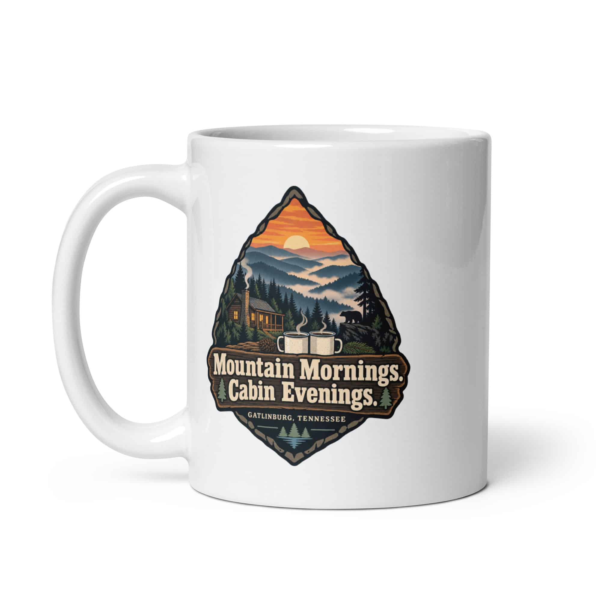 Gatlinburg and the Smokies White Ceramic Coffee Mug: Mountain Mornings. Cabin Evenings, Scenic Shield Badge