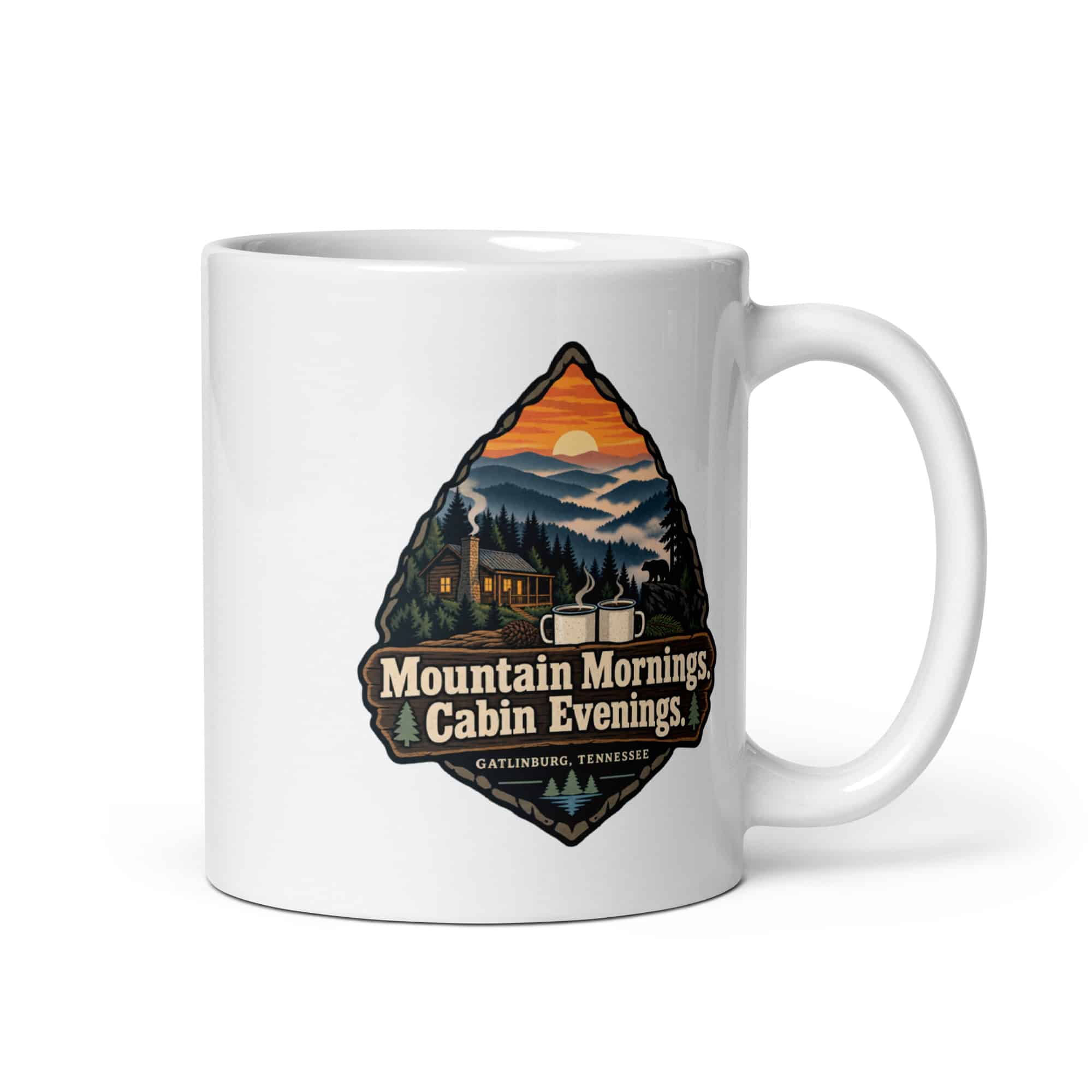 Gatlinburg and the Smokies White Ceramic Coffee Mug: Mountain Mornings. Cabin Evenings, Scenic Shield Badge