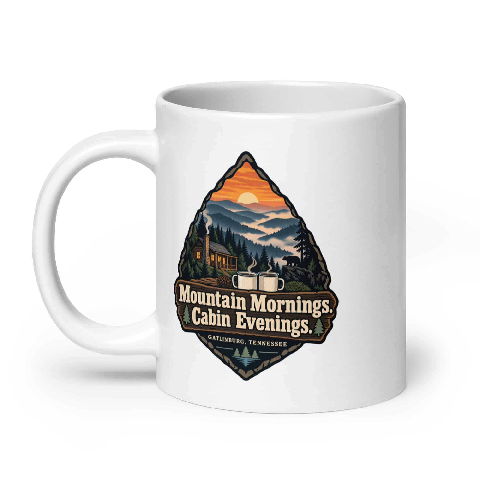 Gatlinburg and the Smokies White Ceramic Coffee Mug: Mountain Mornings. Cabin Evenings, Scenic Shield Badge