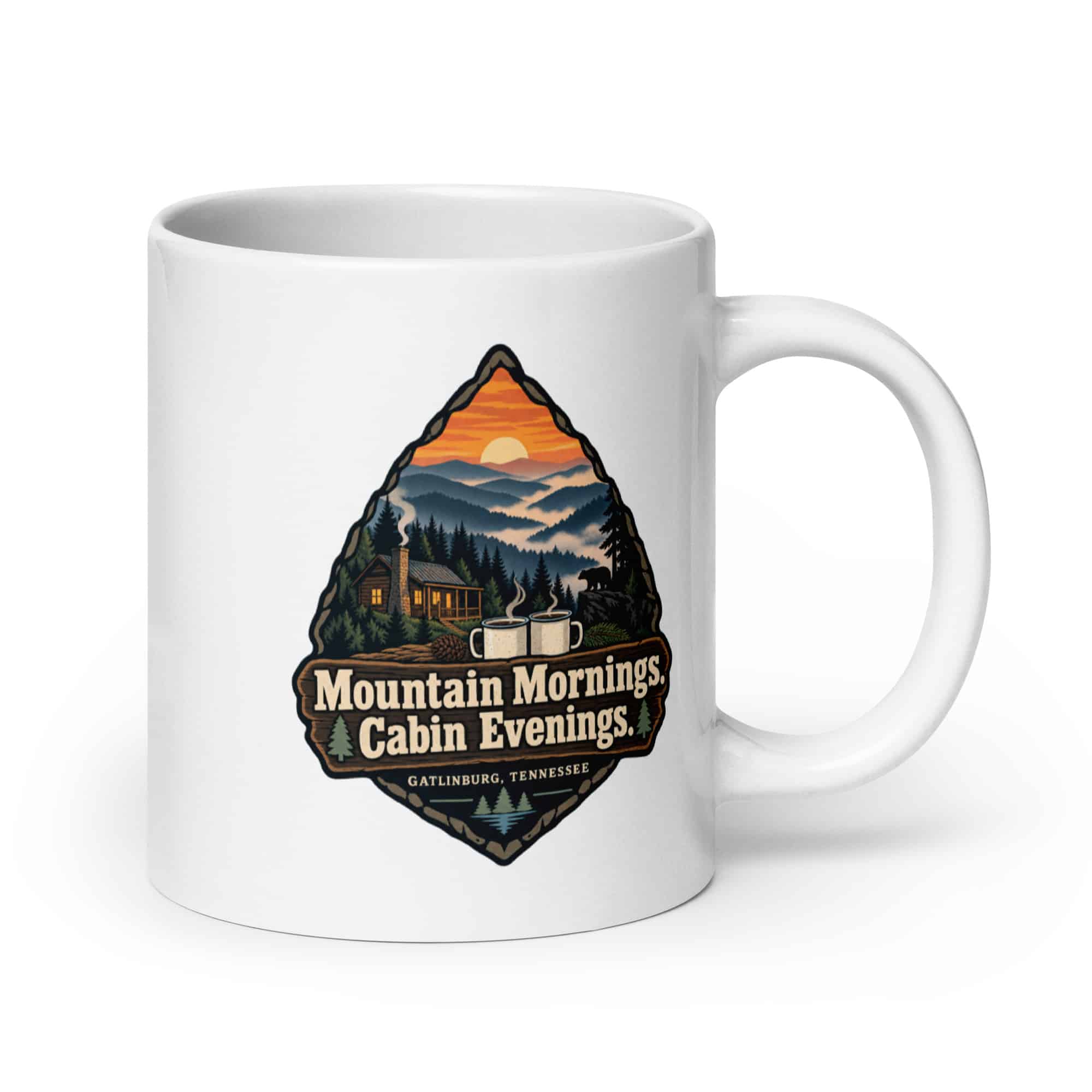 Gatlinburg and the Smokies White Ceramic Coffee Mug: Mountain Mornings. Cabin Evenings, Scenic Shield Badge