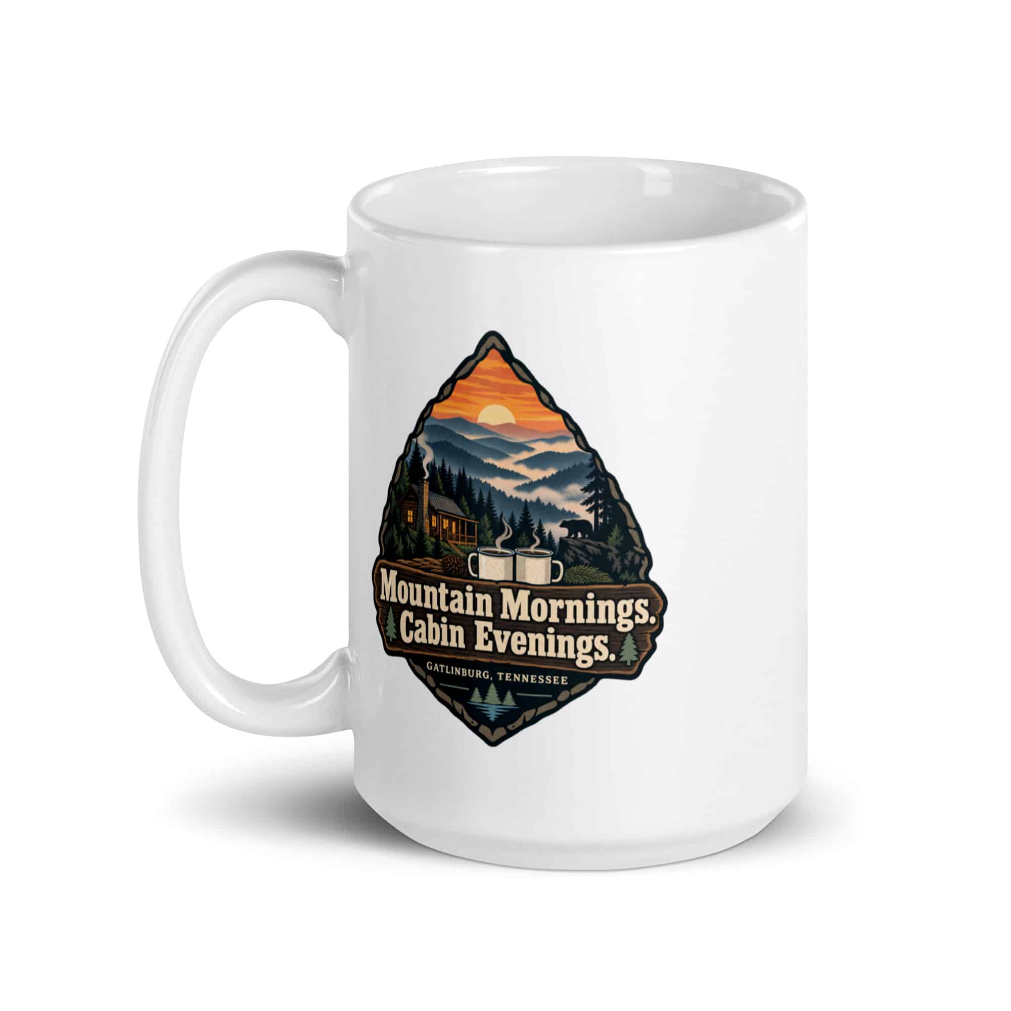 Gatlinburg and the Smokies White Ceramic Coffee Mug: Mountain Mornings. Cabin Evenings, Scenic Shield Badge