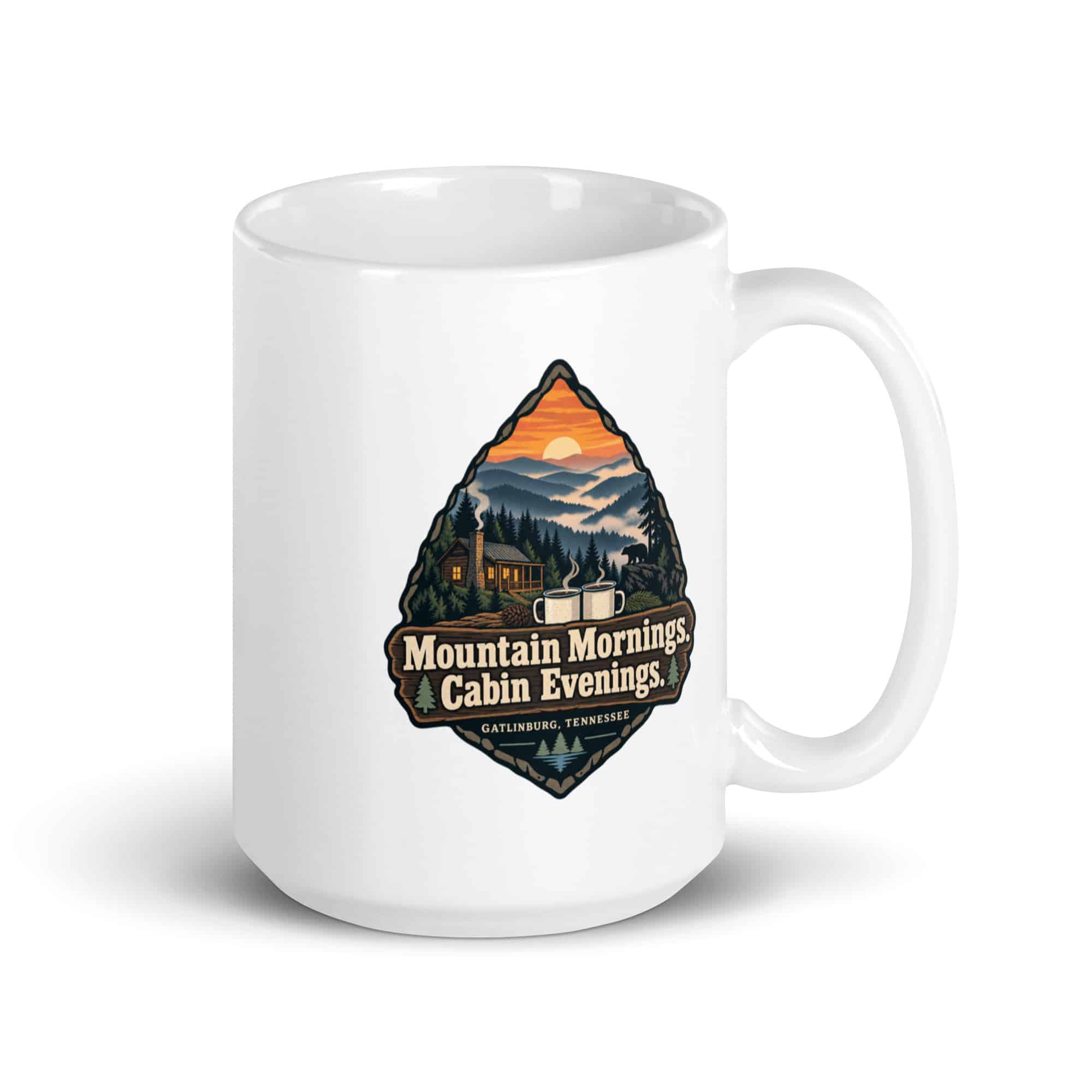 Gatlinburg and the Smokies White Ceramic Coffee Mug: Mountain Mornings. Cabin Evenings, Scenic Shield Badge