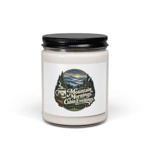 Gatlinburg and the Smokies Soy Wax Candle: Mountain Mornings. Cabin Evenings, Woodland Scenic Lettering - 9oz - Main