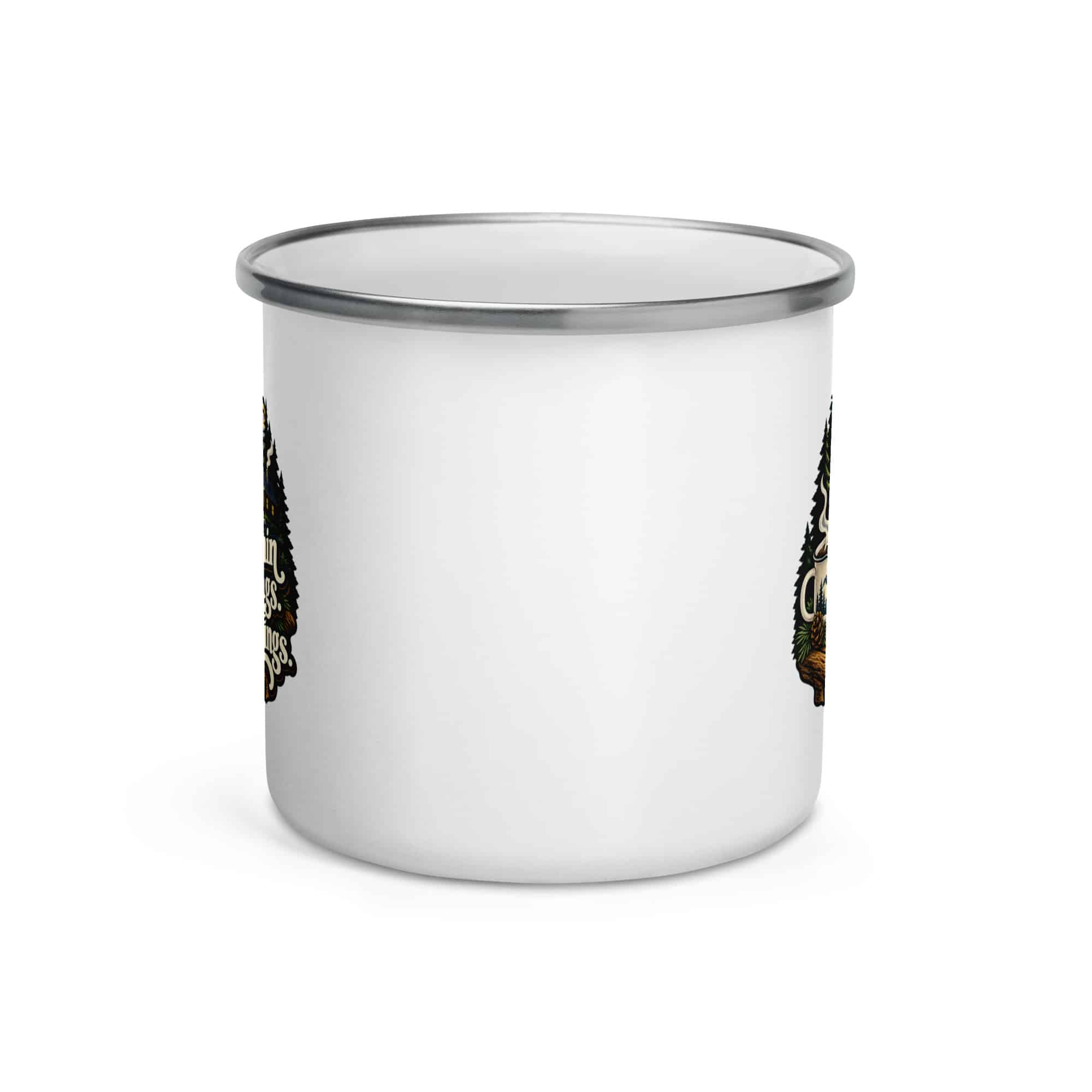 Gatlinburg and the Smokies Enamel Camp Mug: Mountain Mornings. Cabin Evenings, Woodland Scenic Lettering
