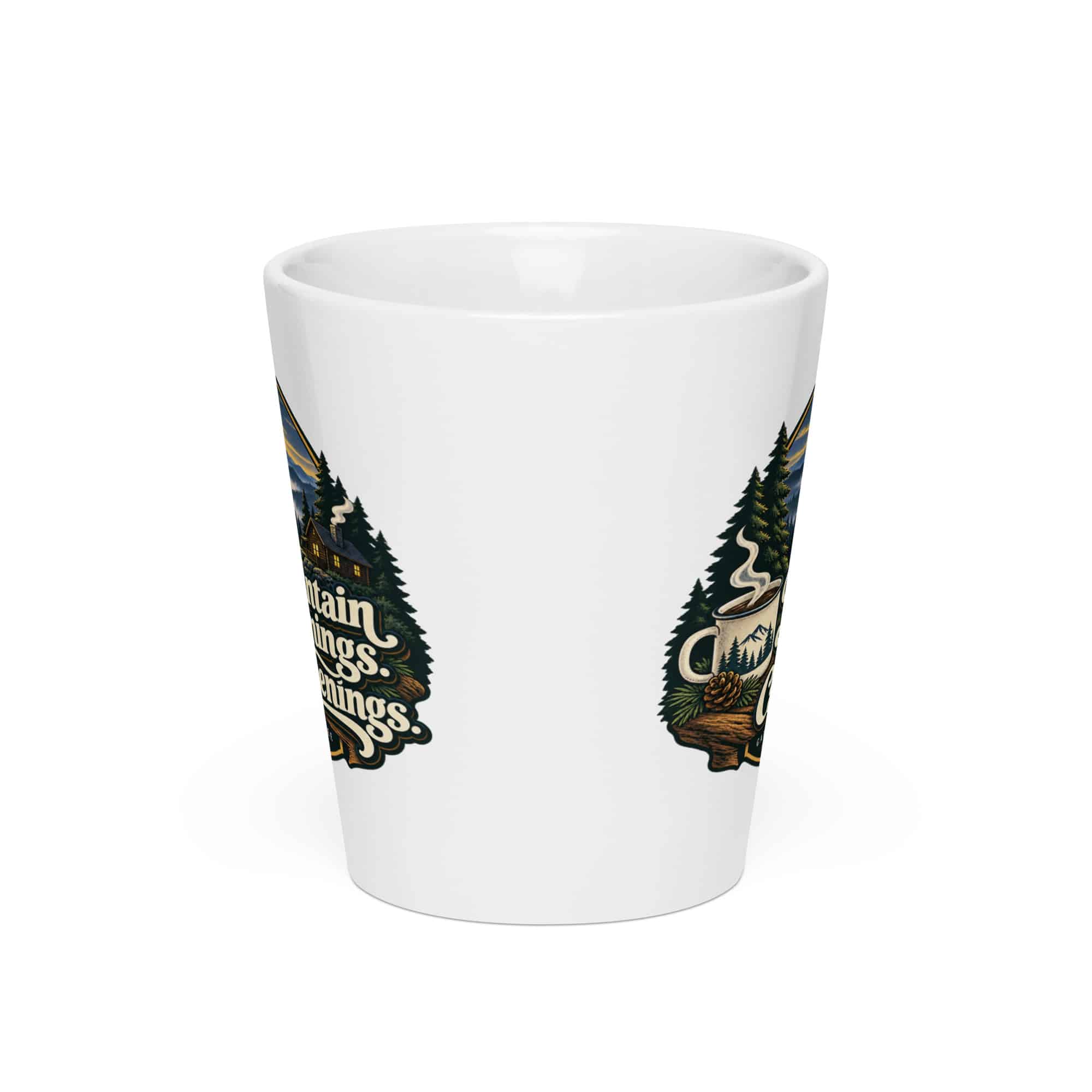 Gatlinburg and the Smokies Latte Mug: Mountain Mornings. Cabin Evenings, Woodland Scenic Lettering