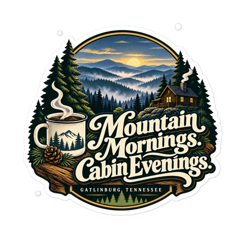 Gatlinburg and the Smokies Vinyl Sticker: Mountain Mornings. Cabin Evenings, Woodland Scenic Lettering