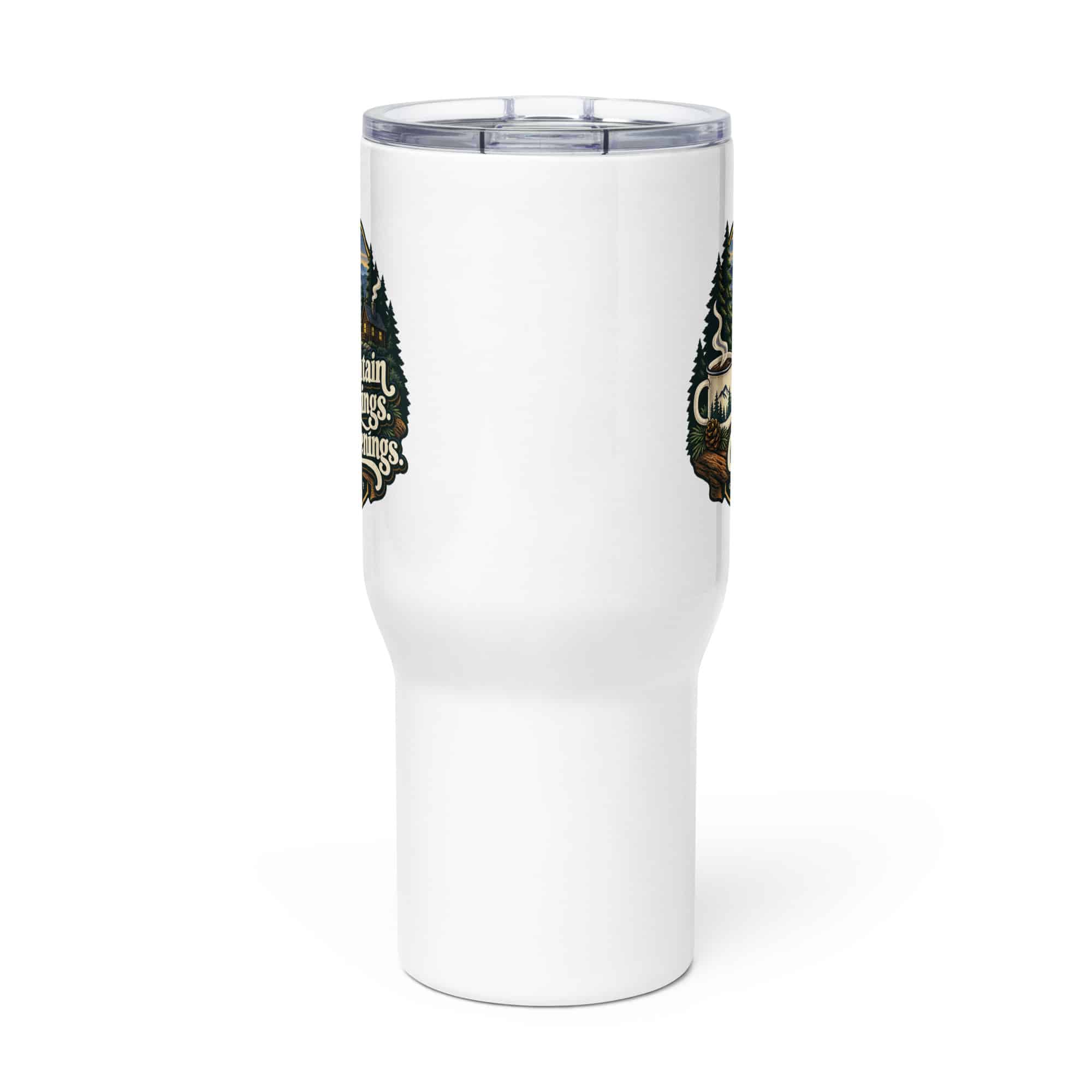 Gatlinburg and the Smokies Travel Mug: Mountain Mornings. Cabin Evenings, Woodland Scenic Lettering