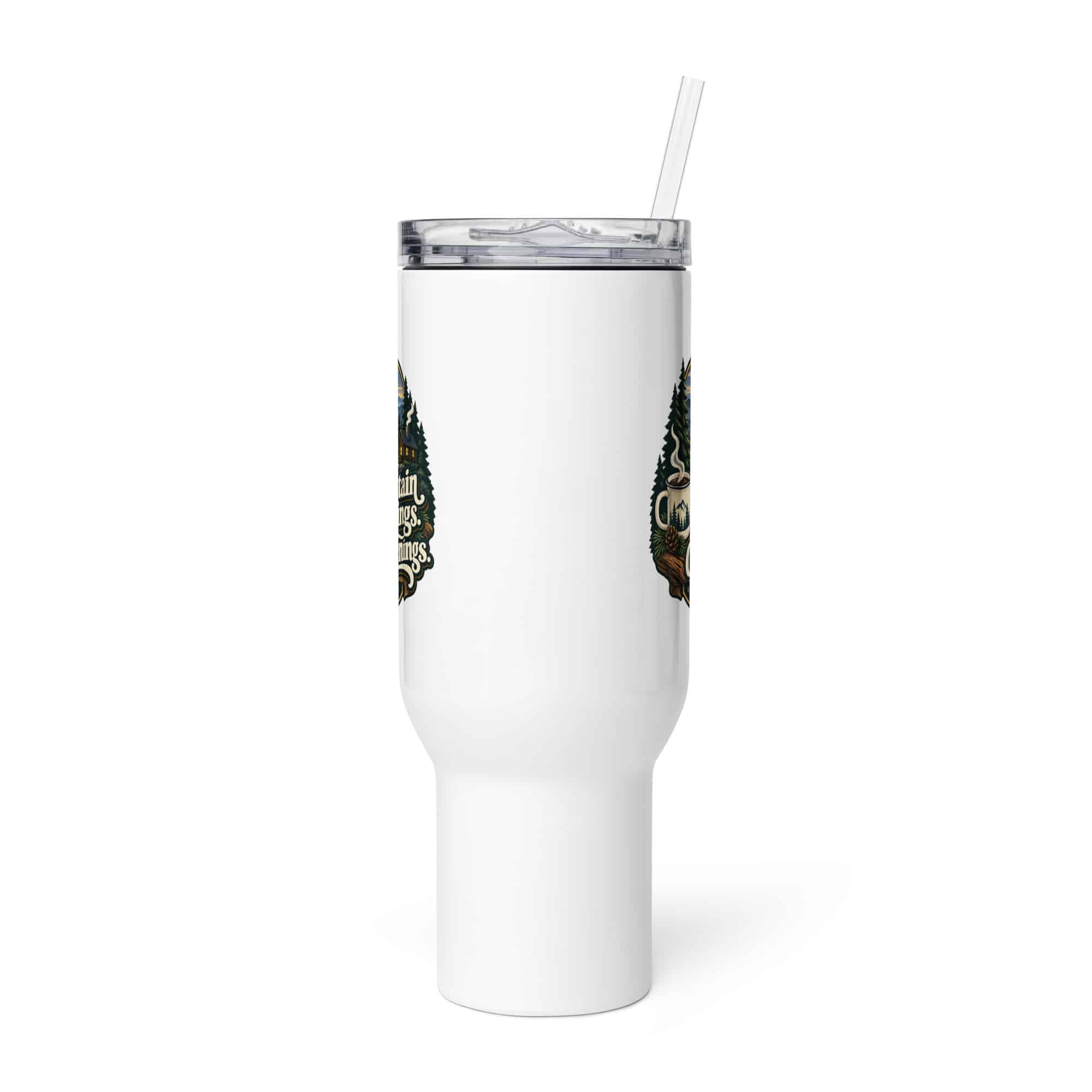 Gatlinburg and the Smokies Travel Mug: Mountain Mornings. Cabin Evenings, Woodland Scenic Lettering