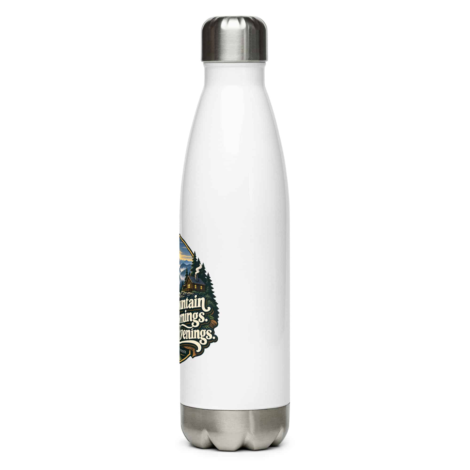 Gatlinburg and the Smokies Stainless Steel Water Bottle: Mountain Mornings. Cabin Evenings, Woodland Scenic Lettering