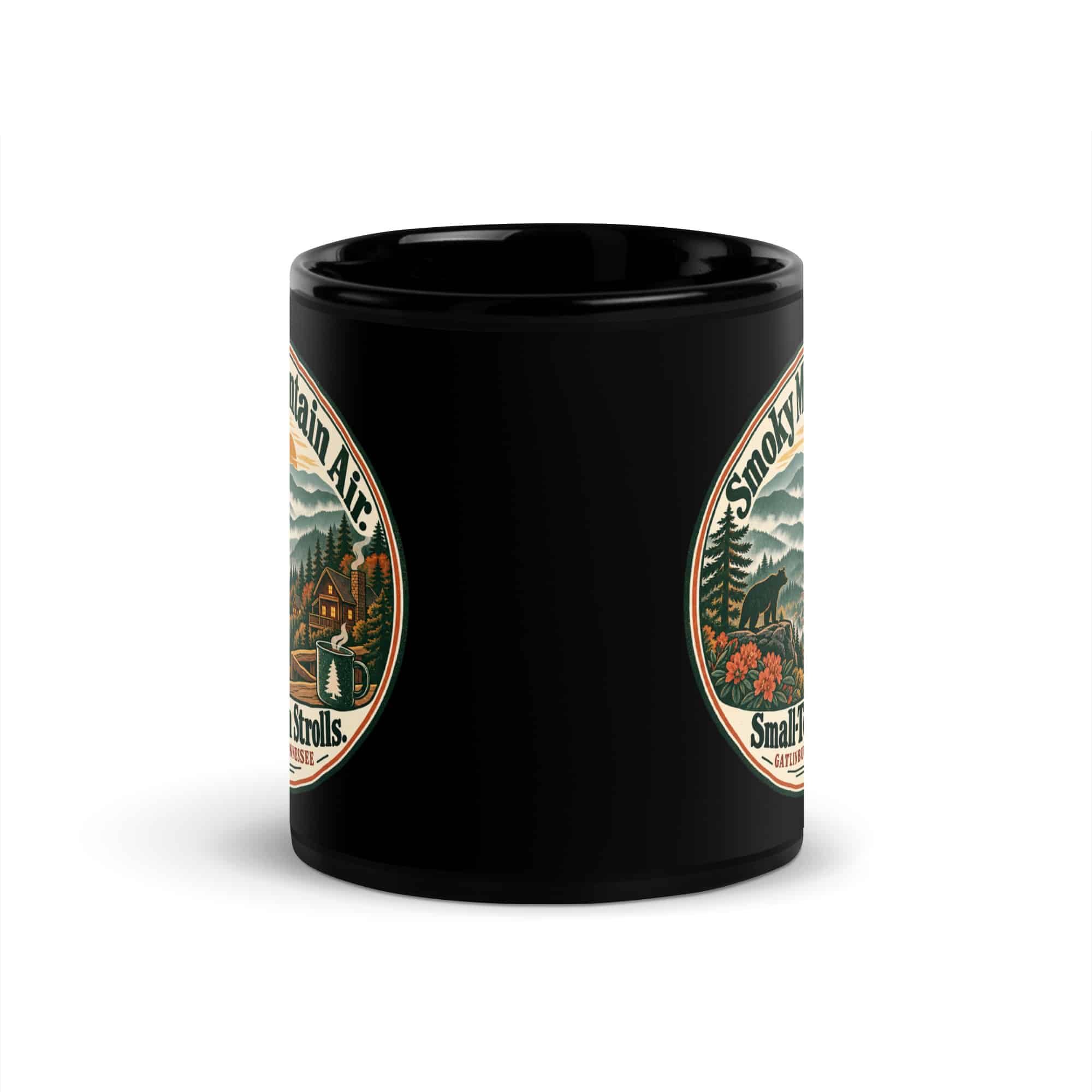 Gatlinburg and the Smokies Black Coffee Mug: Smoky Mountain Air. Small-Town Strolls, Vintage Round Badge