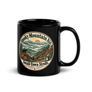 Gatlinburg and the Smokies Black Coffee Mug: Smoky Mountain Air. Small-Town Strolls, Vintage Round Badge - 11 oz - Handle on Right
