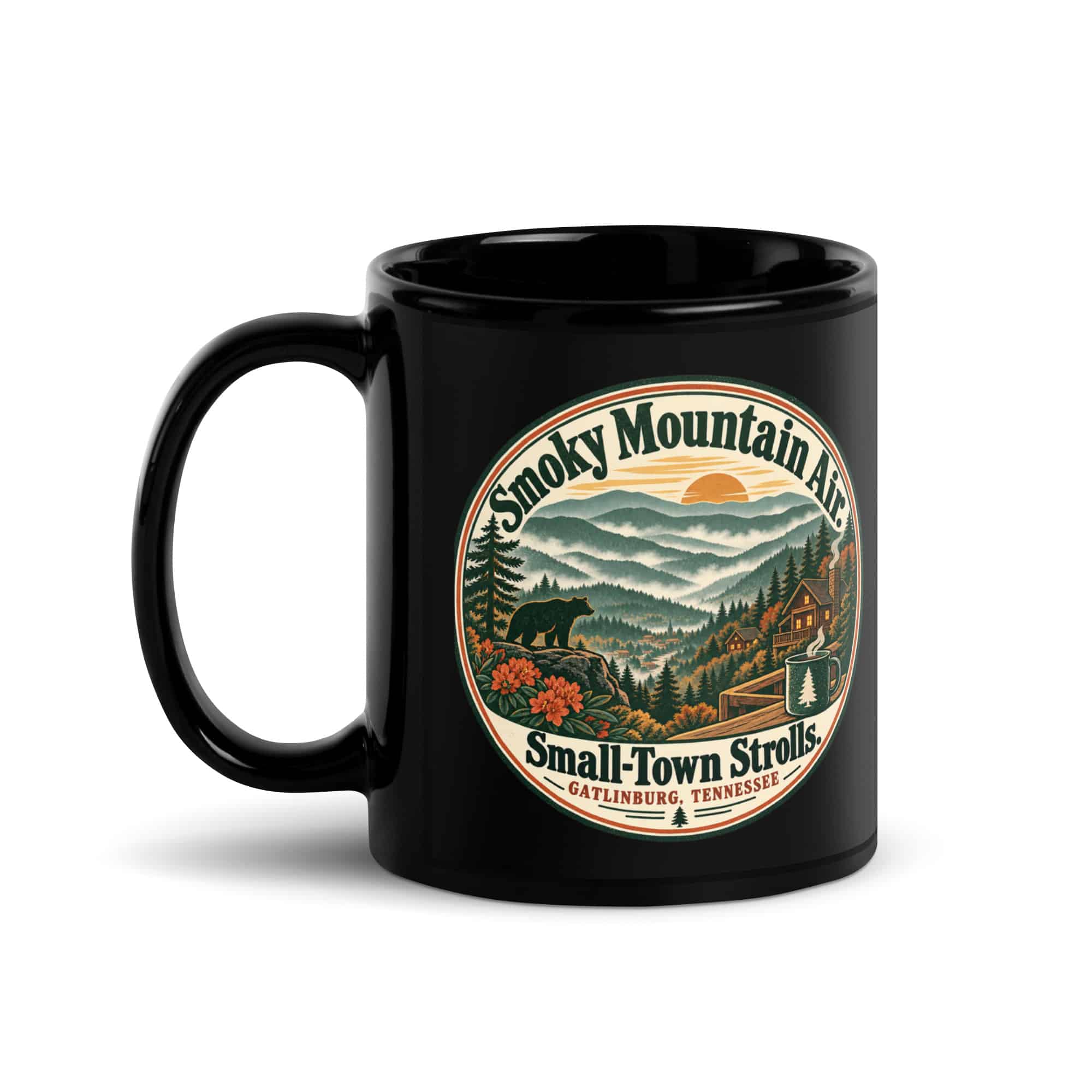 Gatlinburg and the Smokies Black Coffee Mug: Smoky Mountain Air. Small-Town Strolls, Vintage Round Badge