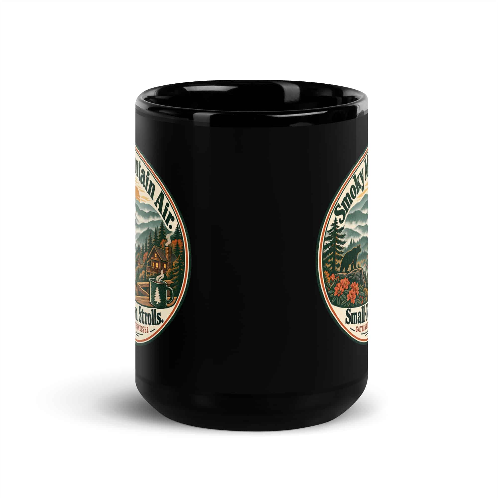 Gatlinburg and the Smokies Black Coffee Mug: Smoky Mountain Air. Small-Town Strolls, Vintage Round Badge