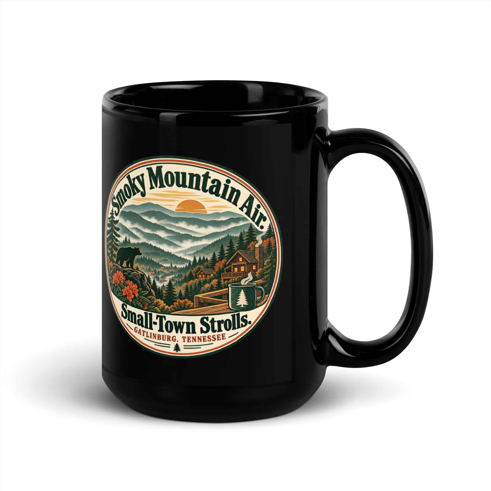 Gatlinburg and the Smokies Black Coffee Mug: Smoky Mountain Air. Small-Town Strolls, Vintage Round Badge