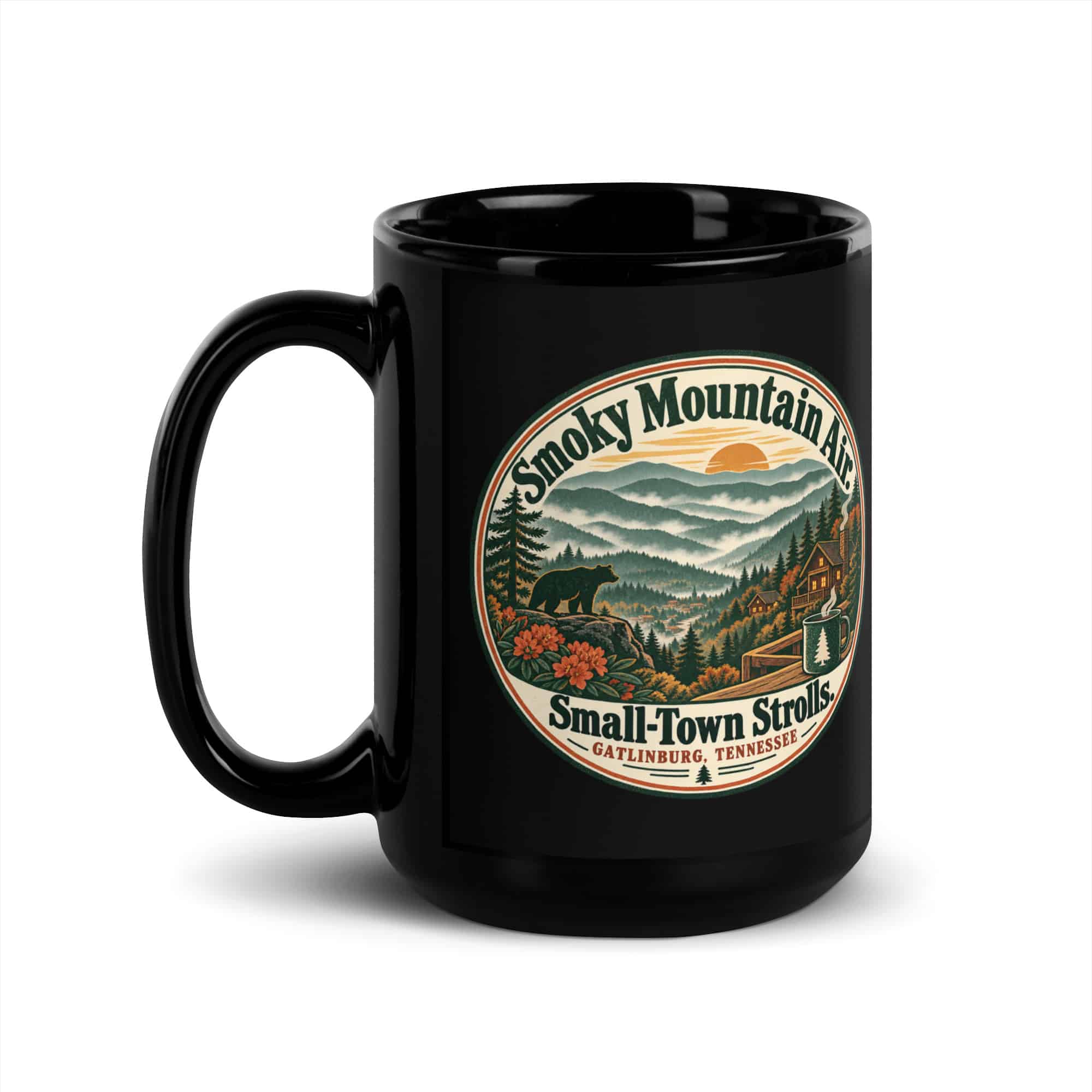 Gatlinburg and the Smokies Black Coffee Mug: Smoky Mountain Air. Small-Town Strolls, Vintage Round Badge