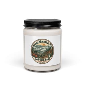 Gatlinburg and the Smokies Soy Wax Candle: Smoky Mountain Air. Small-Town Strolls, Vintage Round Badge - 9oz - Main