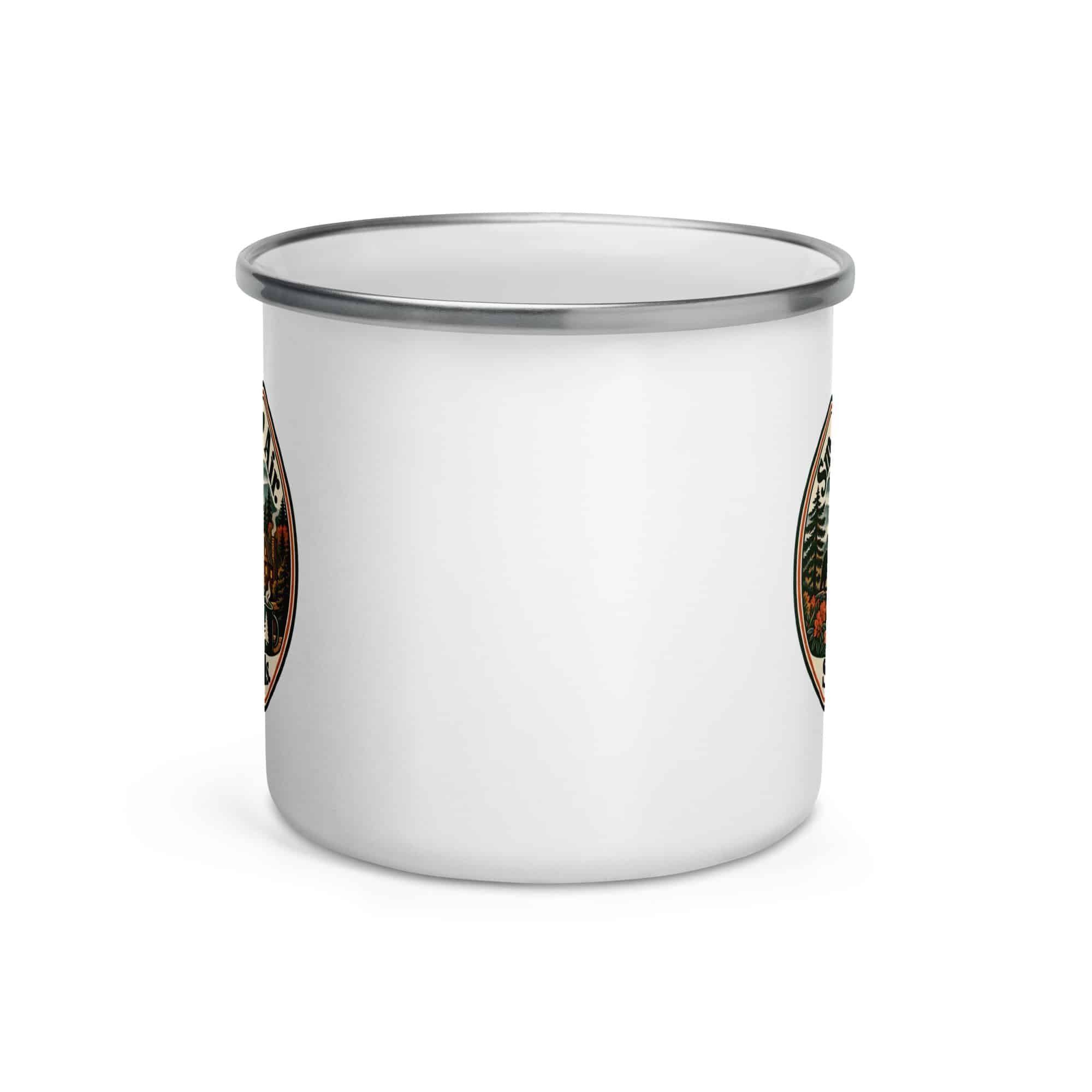 Gatlinburg and the Smokies Enamel Camp Mug: Smoky Mountain Air. Small-Town Strolls, Vintage Round Badge