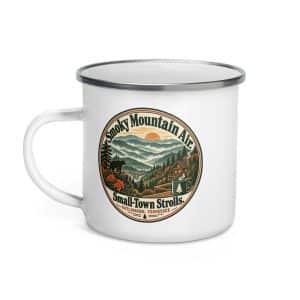Gatlinburg and the Smokies Enamel Camp Mug: Smoky Mountain Air. Small-Town Strolls, Vintage Round Badge - 12 oz - Left