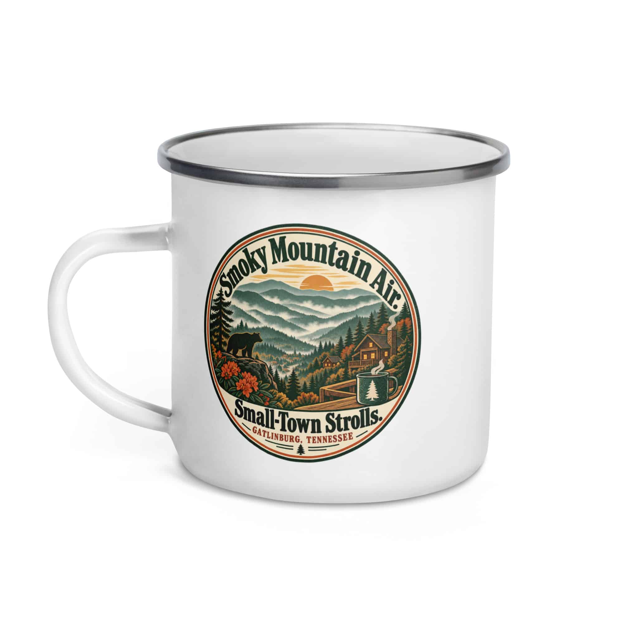 Gatlinburg and the Smokies Enamel Camp Mug: Smoky Mountain Air. Small-Town Strolls, Vintage Round Badge
