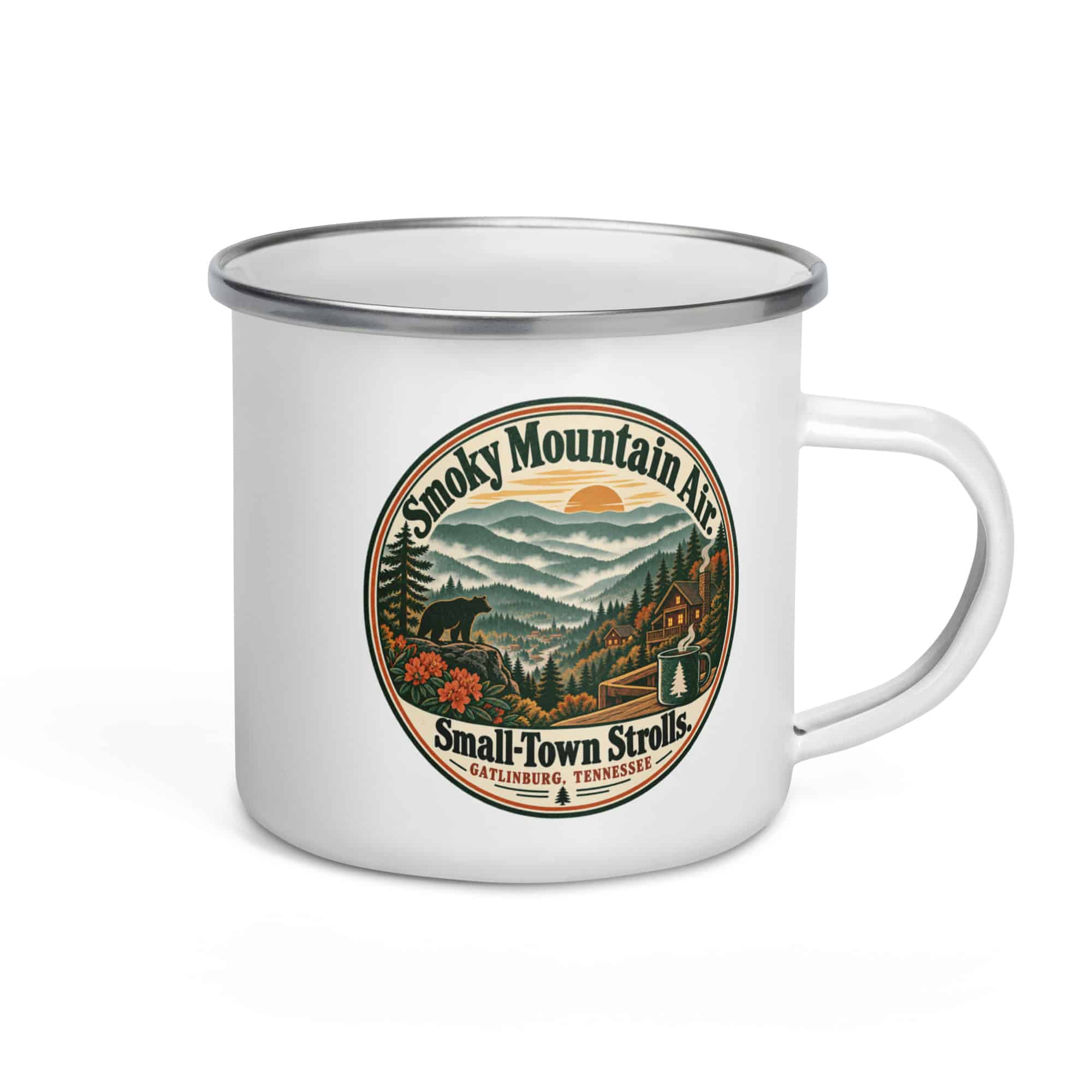 Gatlinburg and the Smokies Enamel Camp Mug: Smoky Mountain Air. Small-Town Strolls, Vintage Round Badge