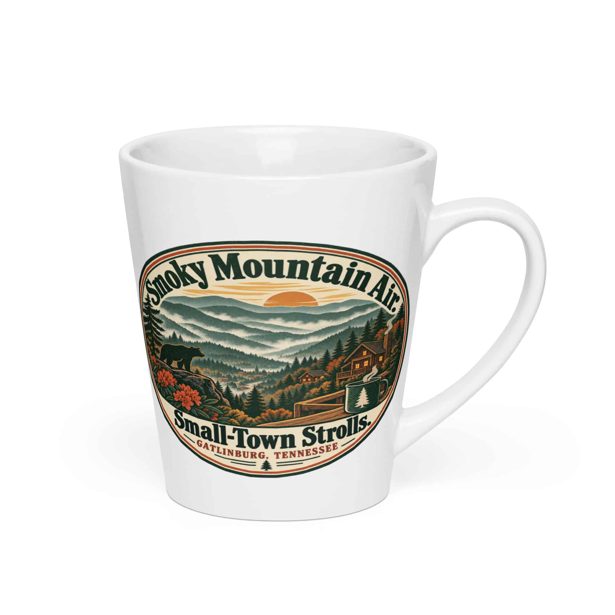 Gatlinburg and the Smokies Latte Mug: Smoky Mountain Air. Small-Town Strolls, Vintage Round Badge