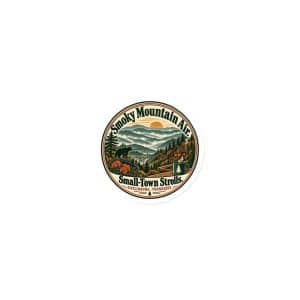Gatlinburg and the Smokies Die-Cut Magnet: Smoky Mountain Air. Small-Town Strolls, Vintage Round Badge - 3″×3″ - Main