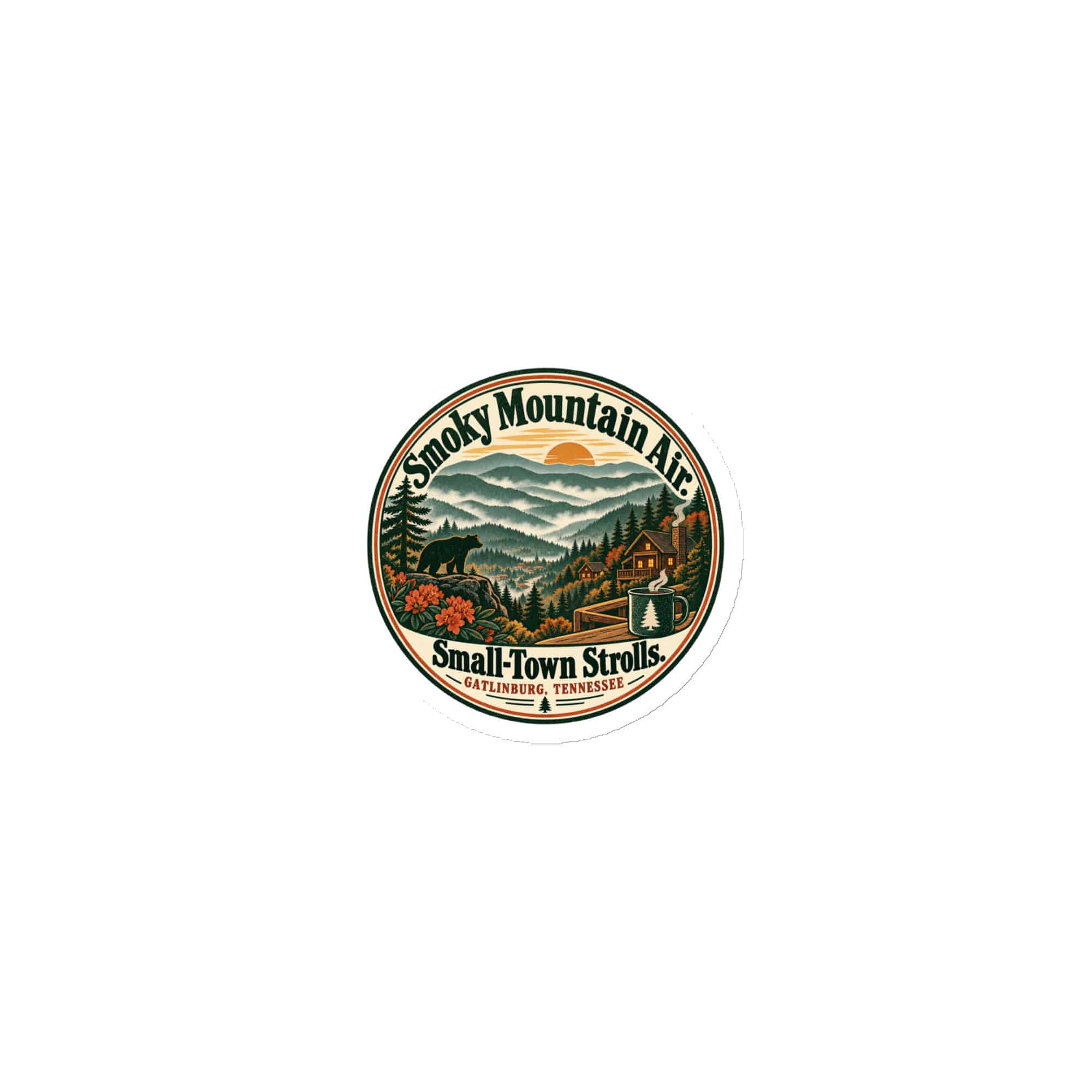 Gatlinburg and the Smokies Die-Cut Magnet: Smoky Mountain Air. Small-Town Strolls, Vintage Round Badge