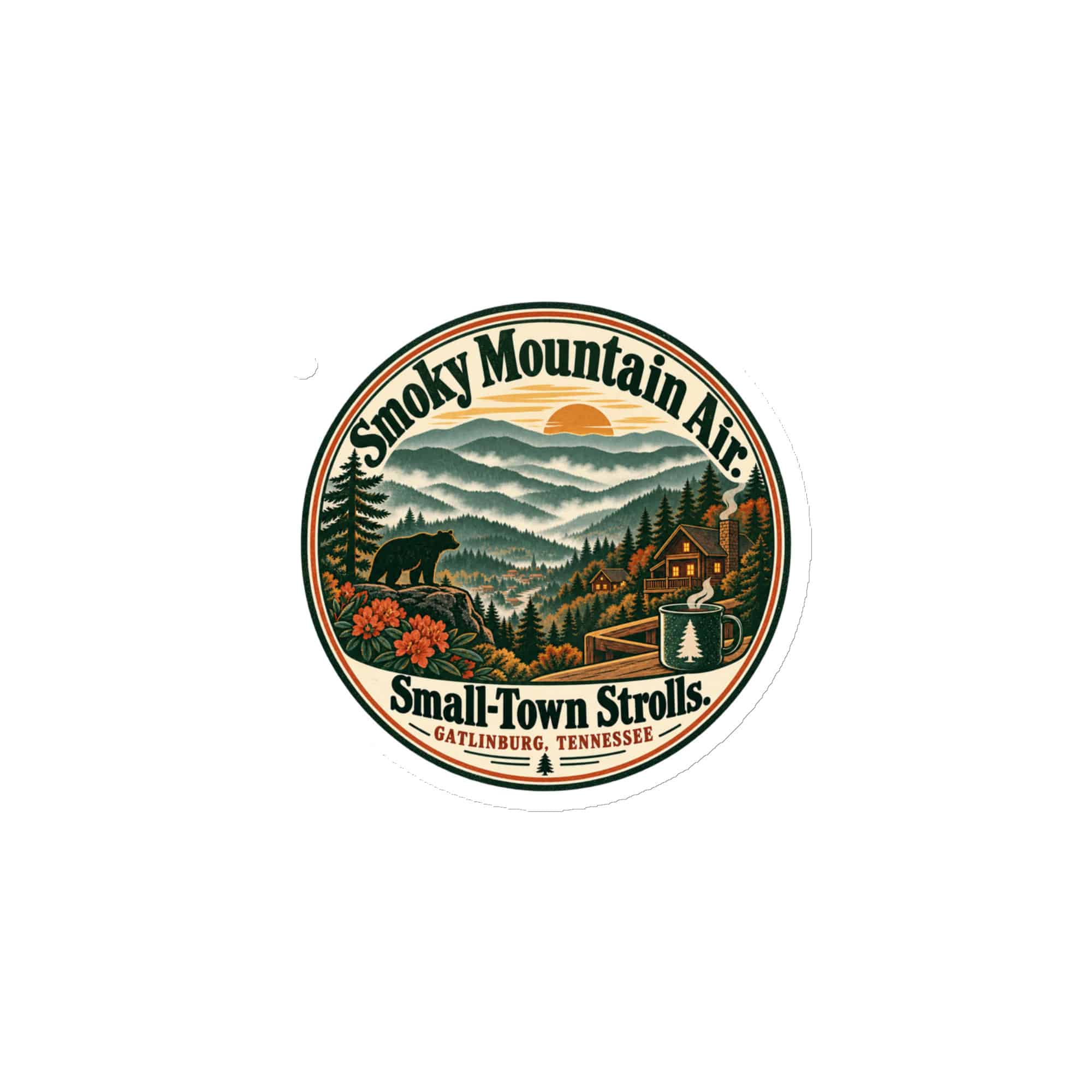 Gatlinburg and the Smokies Die-Cut Magnet: Smoky Mountain Air. Small-Town Strolls, Vintage Round Badge
