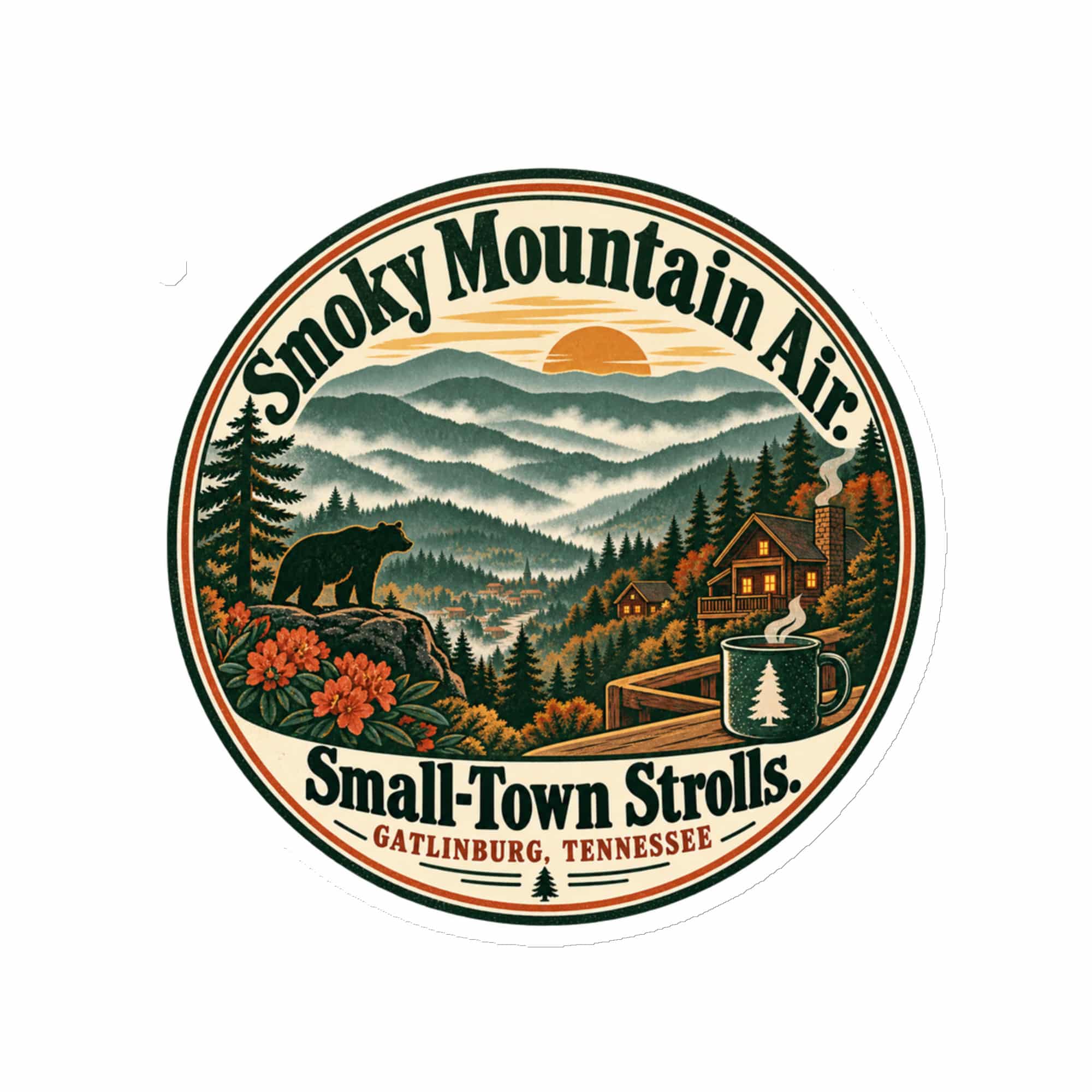 Gatlinburg and the Smokies Die-Cut Magnet: Smoky Mountain Air. Small-Town Strolls, Vintage Round Badge