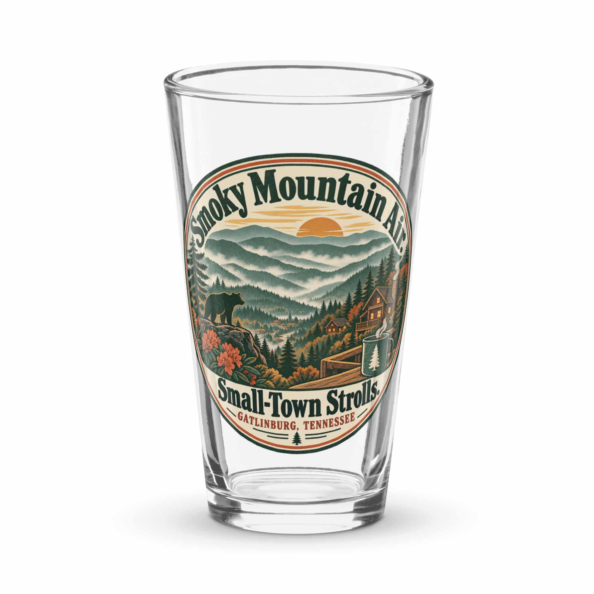 Gatlinburg and the Smokies Pint Glass: Smoky Mountain Air. Small-Town Strolls, Vintage Round Badge