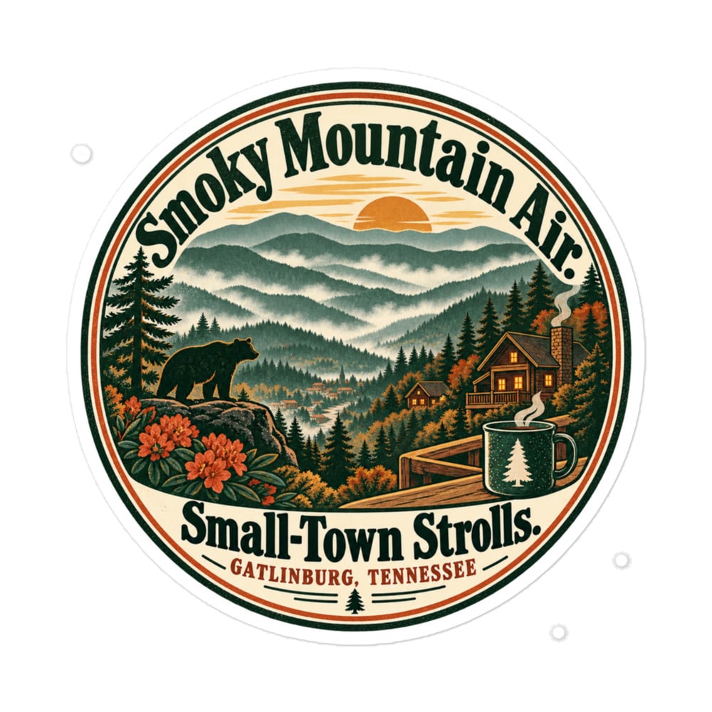 Gatlinburg and the Smokies Vinyl Sticker: Smoky Mountain Air. Small-Town Strolls, Vintage Round Badge