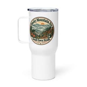 Gatlinburg and the Smokies Travel Mug: Smoky Mountain Air. Small-Town Strolls, Vintage Round Badge - 25 oz - Main