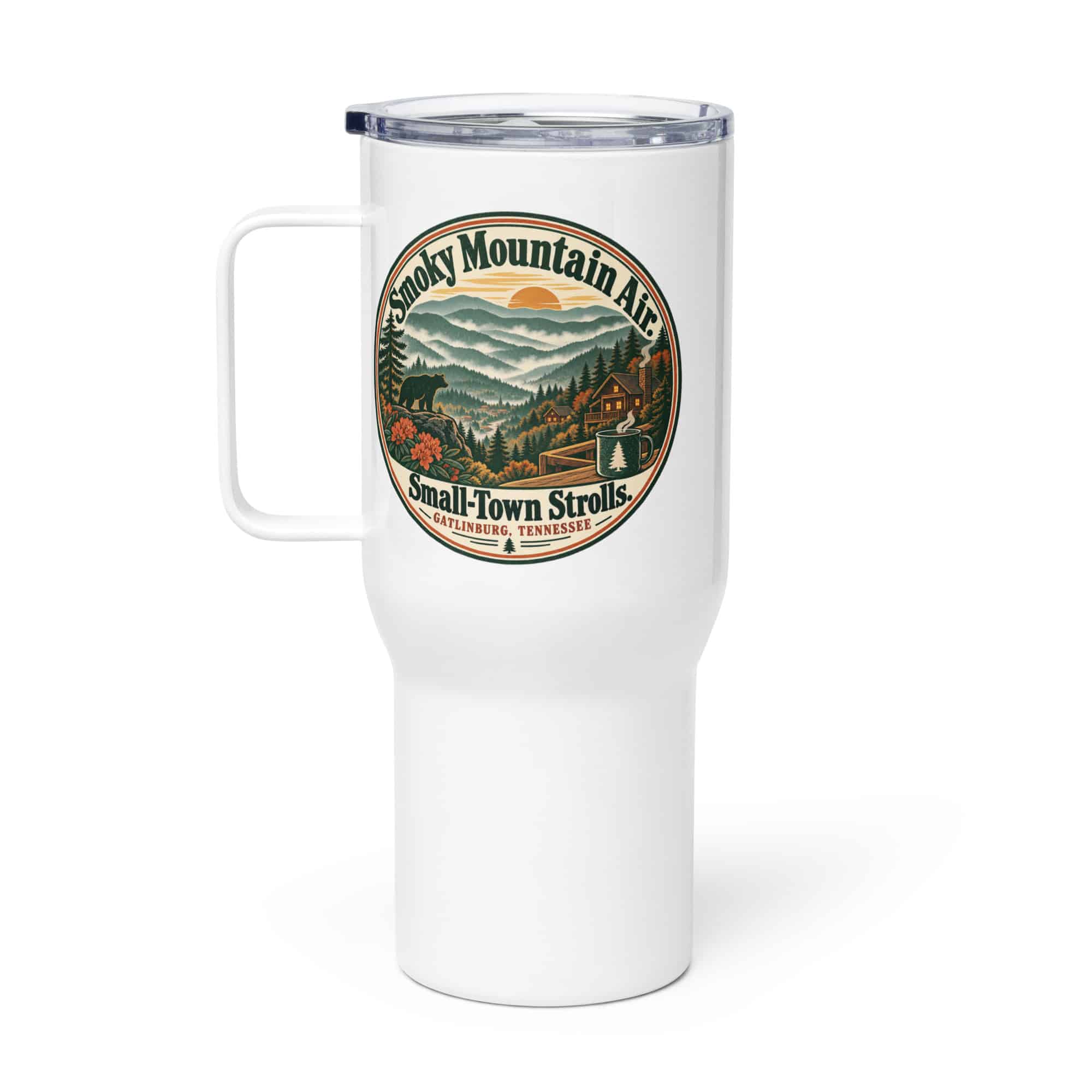 Gatlinburg and the Smokies Travel Mug: Smoky Mountain Air. Small-Town Strolls, Vintage Round Badge
